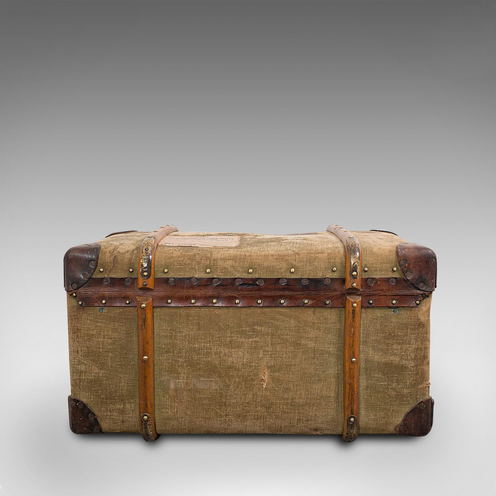 Antique Steamer Trunk, English, Canvas, Leather, Travel Chest, Edwardian In Good Condition In Hele, Devon, GB