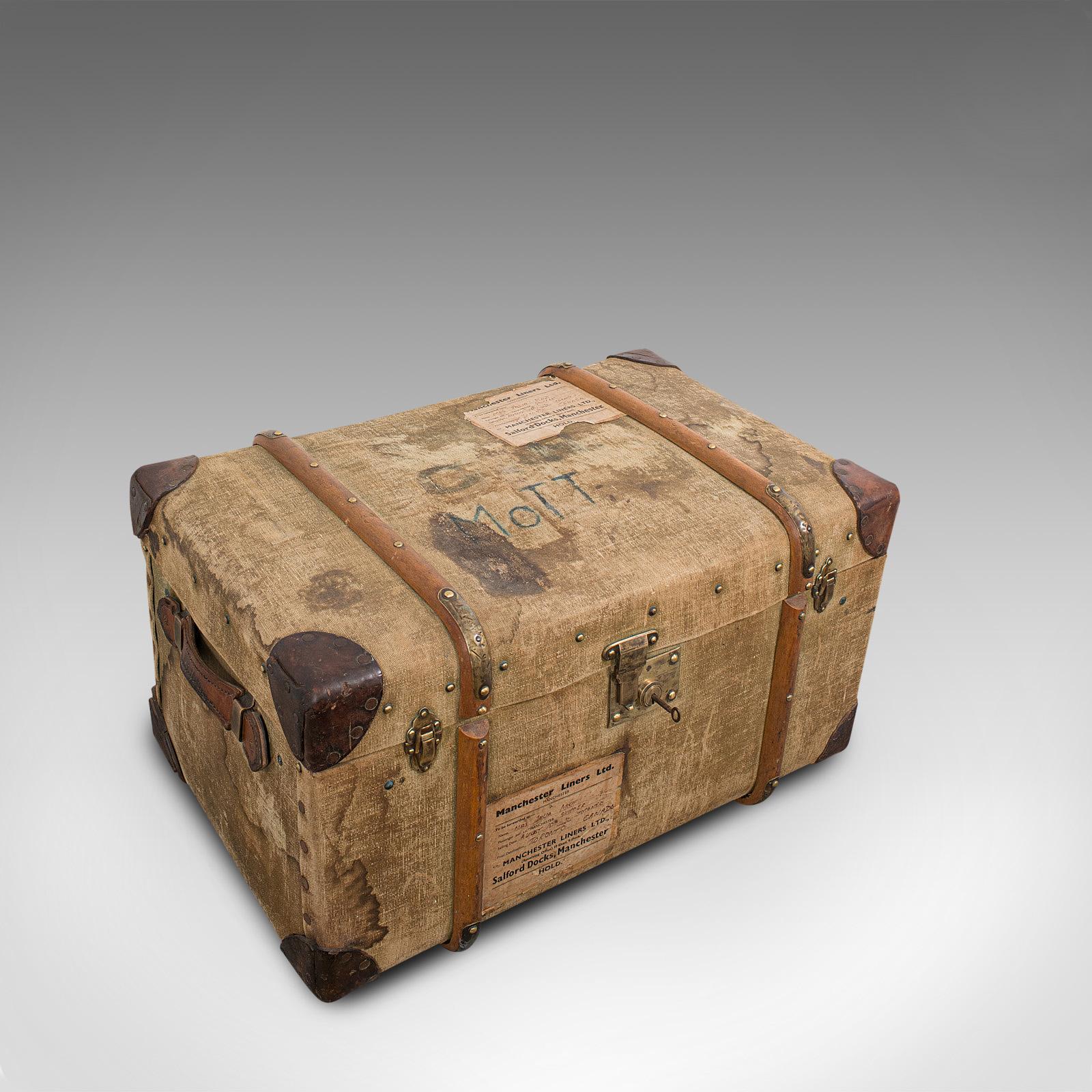 20th Century Antique Steamer Trunk, English, Canvas, Leather, Travel Chest, Edwardian