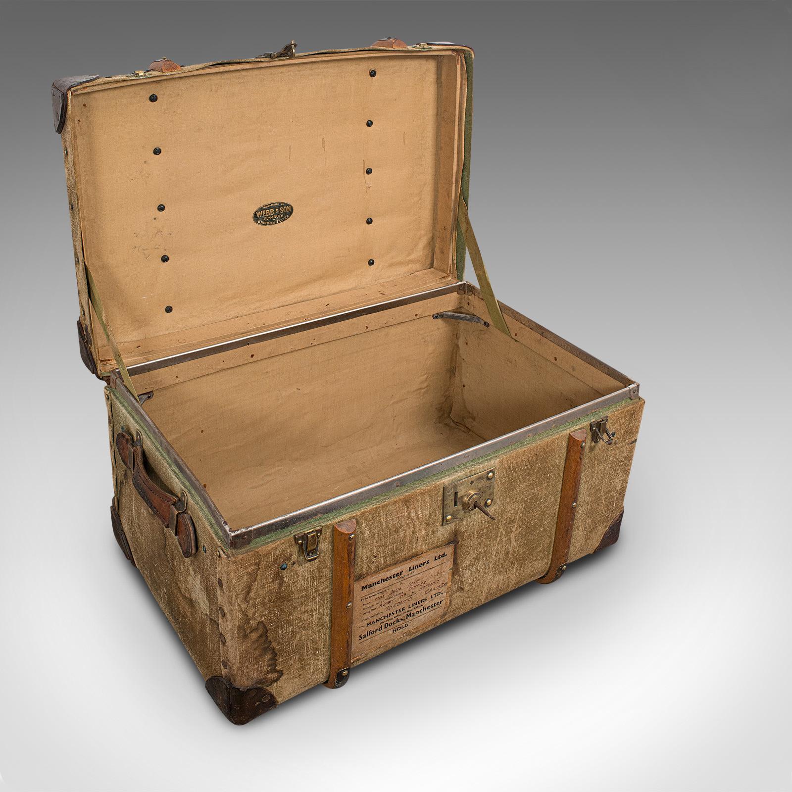 Antique Steamer Trunk, English, Canvas, Leather, Travel Chest, Edwardian 1