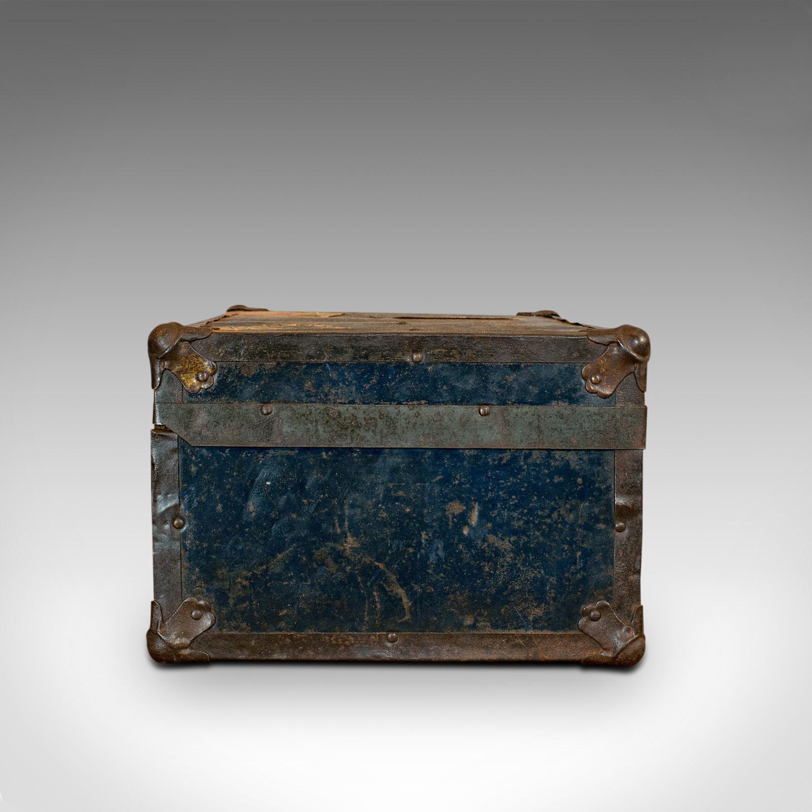 Steel Antique Steamer Trunk, English, Travel, Voyage, Chest, Edwardian, circa 1910
