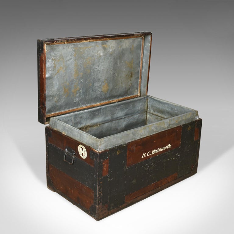 Antique Steamer Trunk, Large, English, Pine, Metal Lined, Chest, Edwardian at 1stDibs