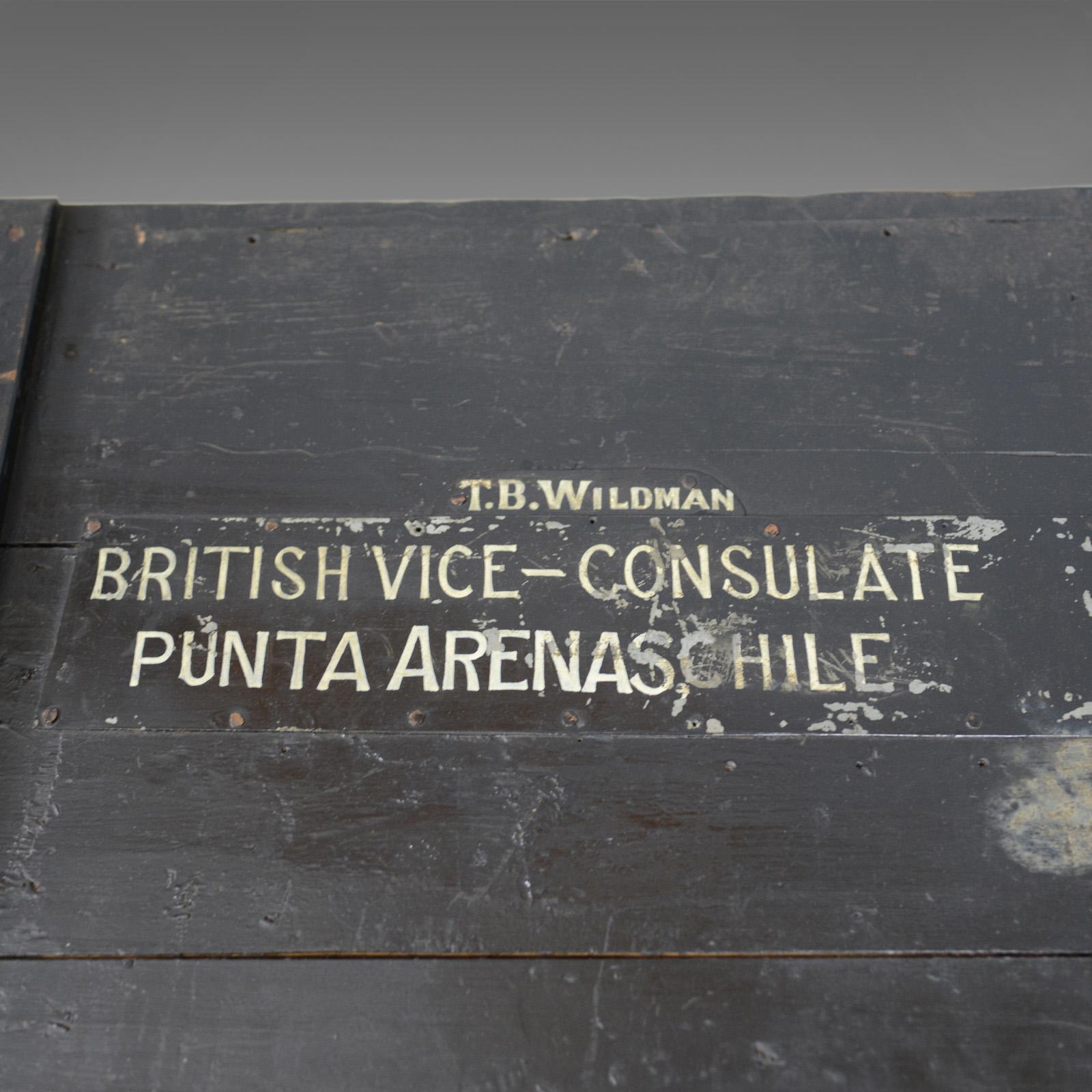Pine Antique Steamer Trunk, Wildman, British Vice-Consulate, Chile, Ships Chest