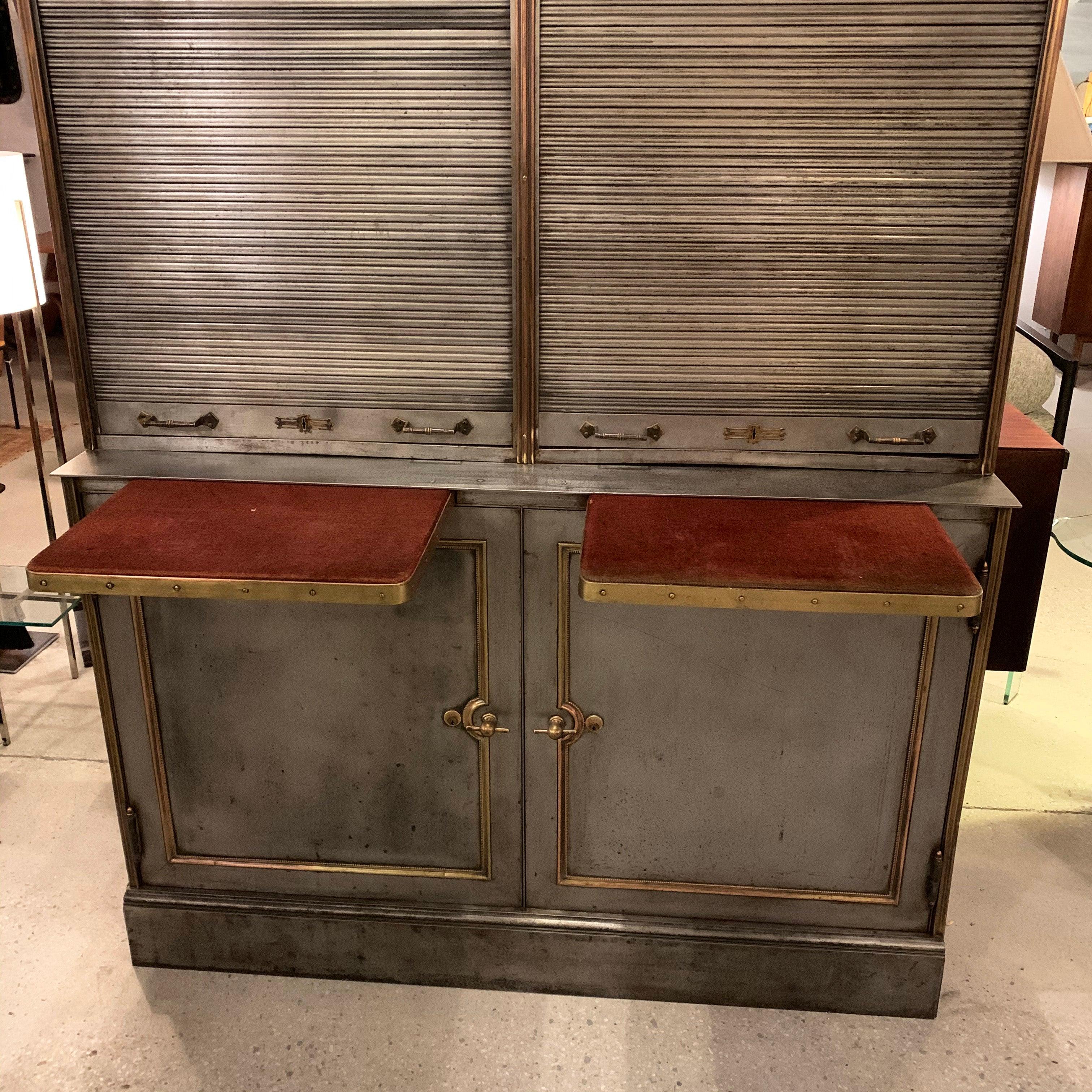 Industrial Antique Steel and Brass Roll Top Valuables Safe Display Cabinet For Sale