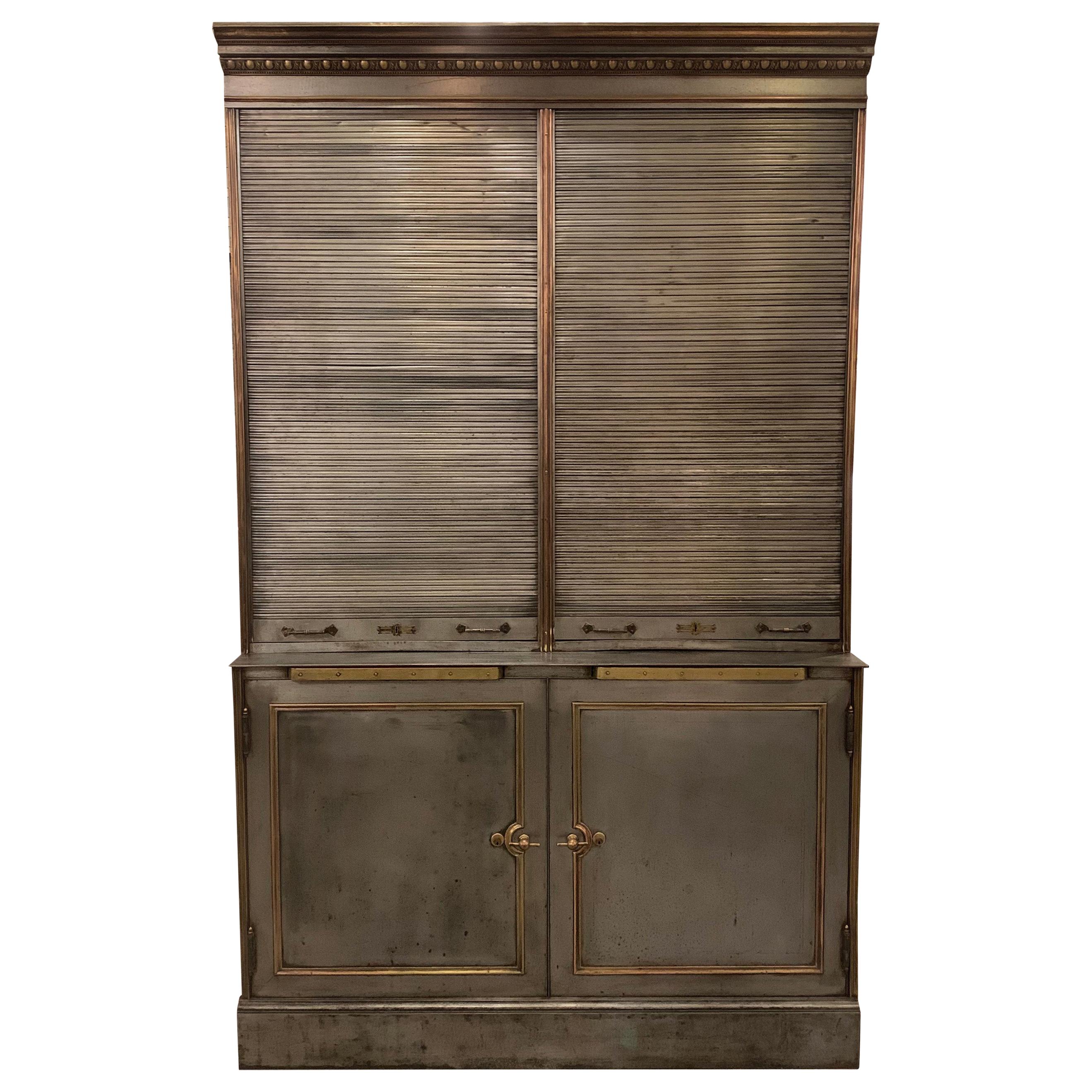 Antique Steel and Brass Roll Top Valuables Safe Display Cabinet For Sale