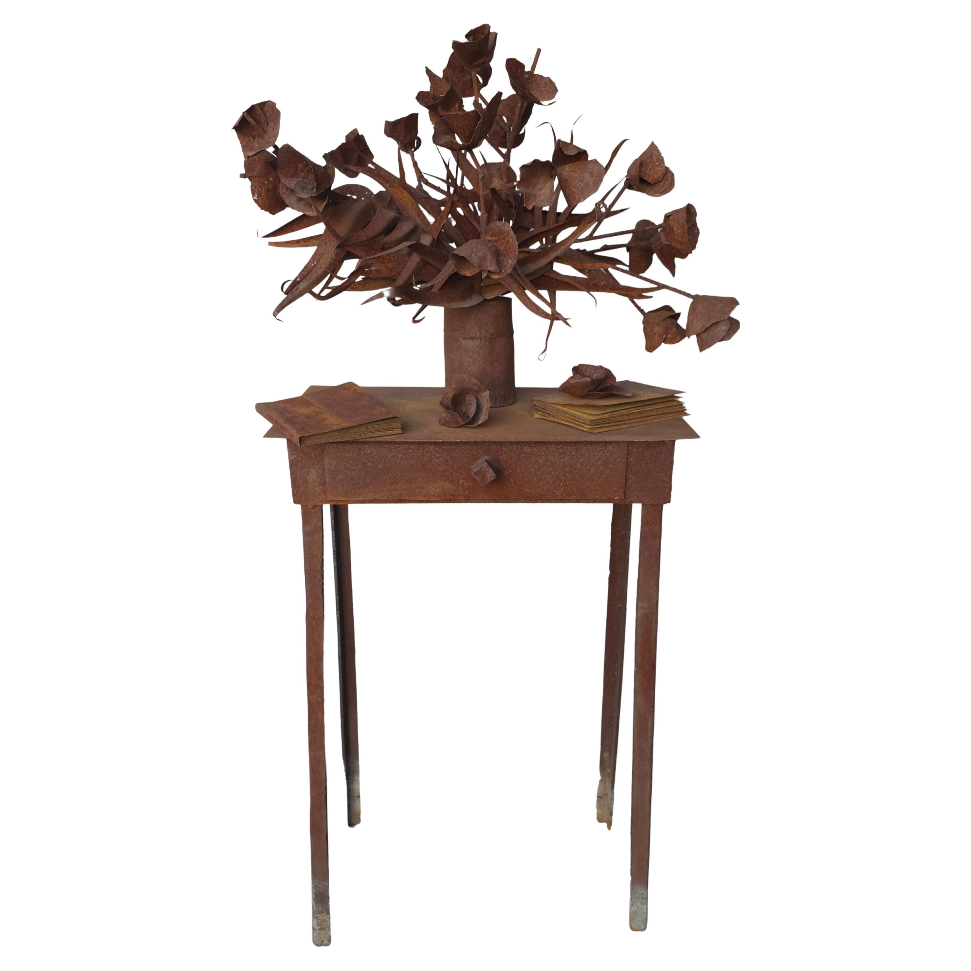 Antikes brutalistisches Blumenarrangement und Tischskulptur aus Stahl im Angebot