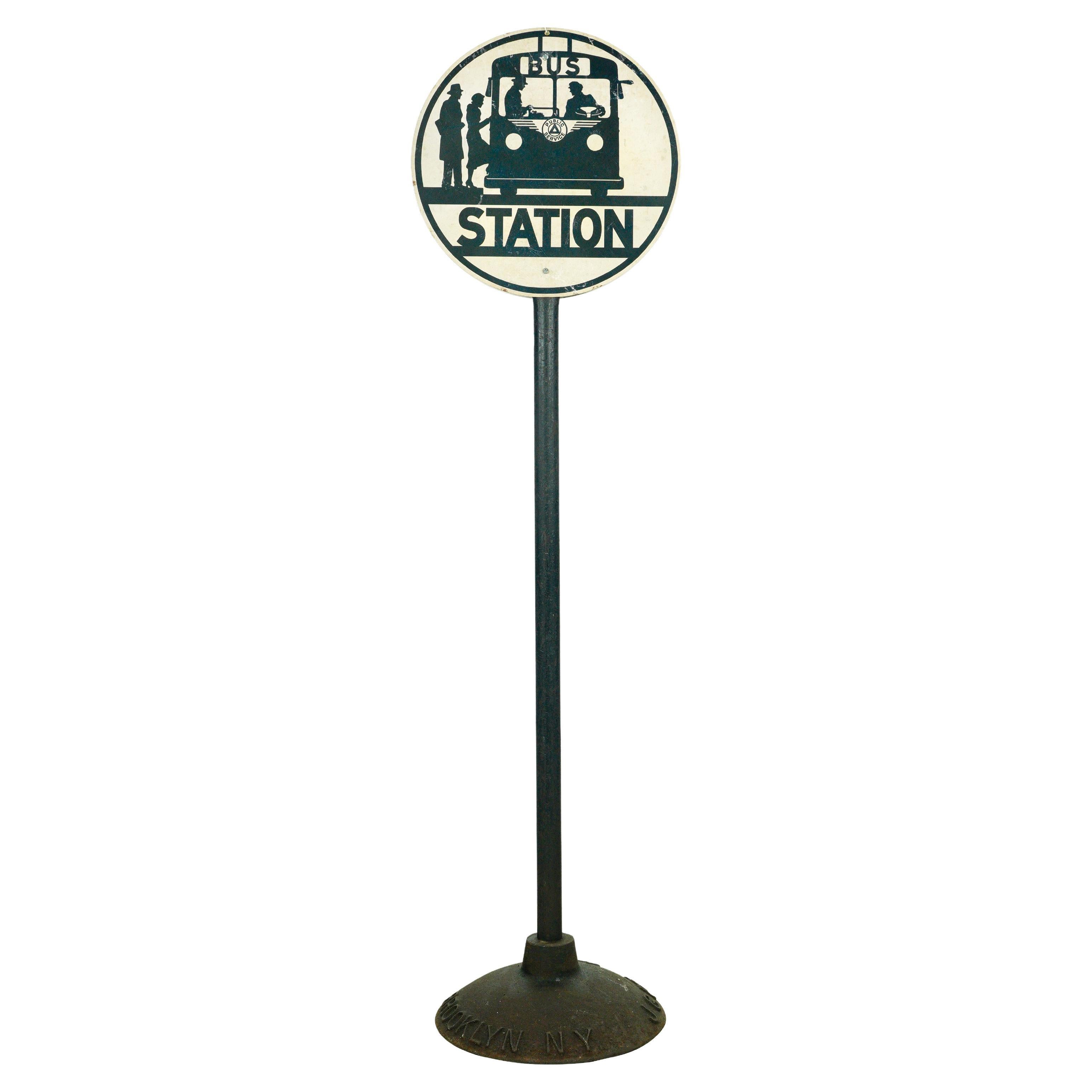 Antique Steel & Cast Iron Bus Station Standing Pole Sign by J.G. Pollard Co.  For Sale