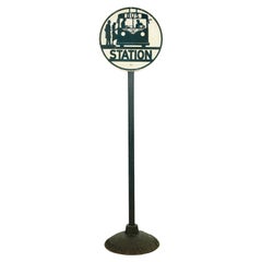 Antique Steel & Cast Iron Bus Station Standing Pole Sign by J.G. Pollard Co. 