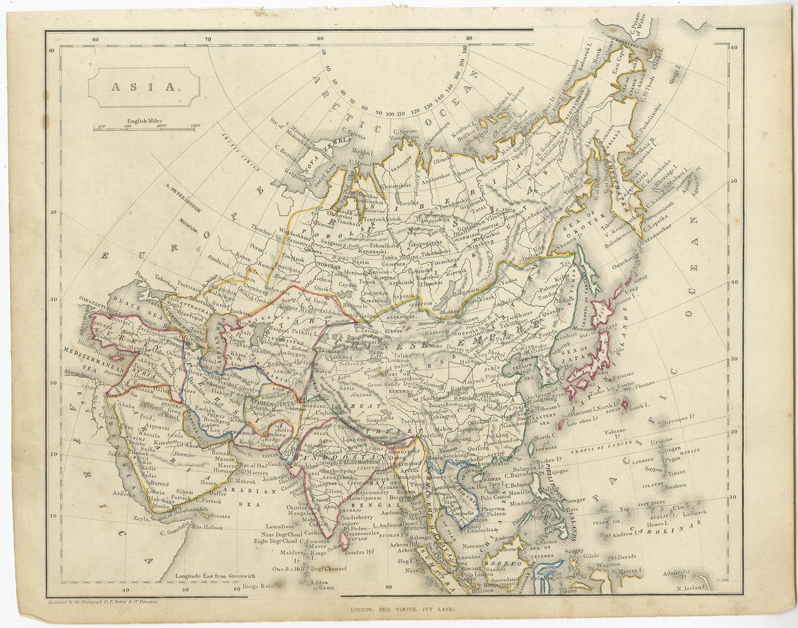 Antique map titled 'Asia'. Steel engraved map of Asia by F. P. Becker & Co. 

Artists and Engravers: Engraved by F.P. Becker & Co. Published in London.

Condition: Very good, general age-related toning. Please study image carefully.
Date: