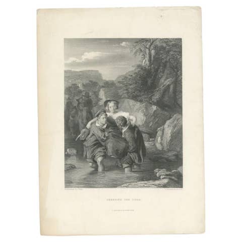 Antique Steel Engraved Print of People Crossing a Ford, circa 1875