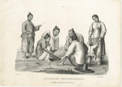 Antique Steel Engraved Print Showing a Family of Fishermen from Korea