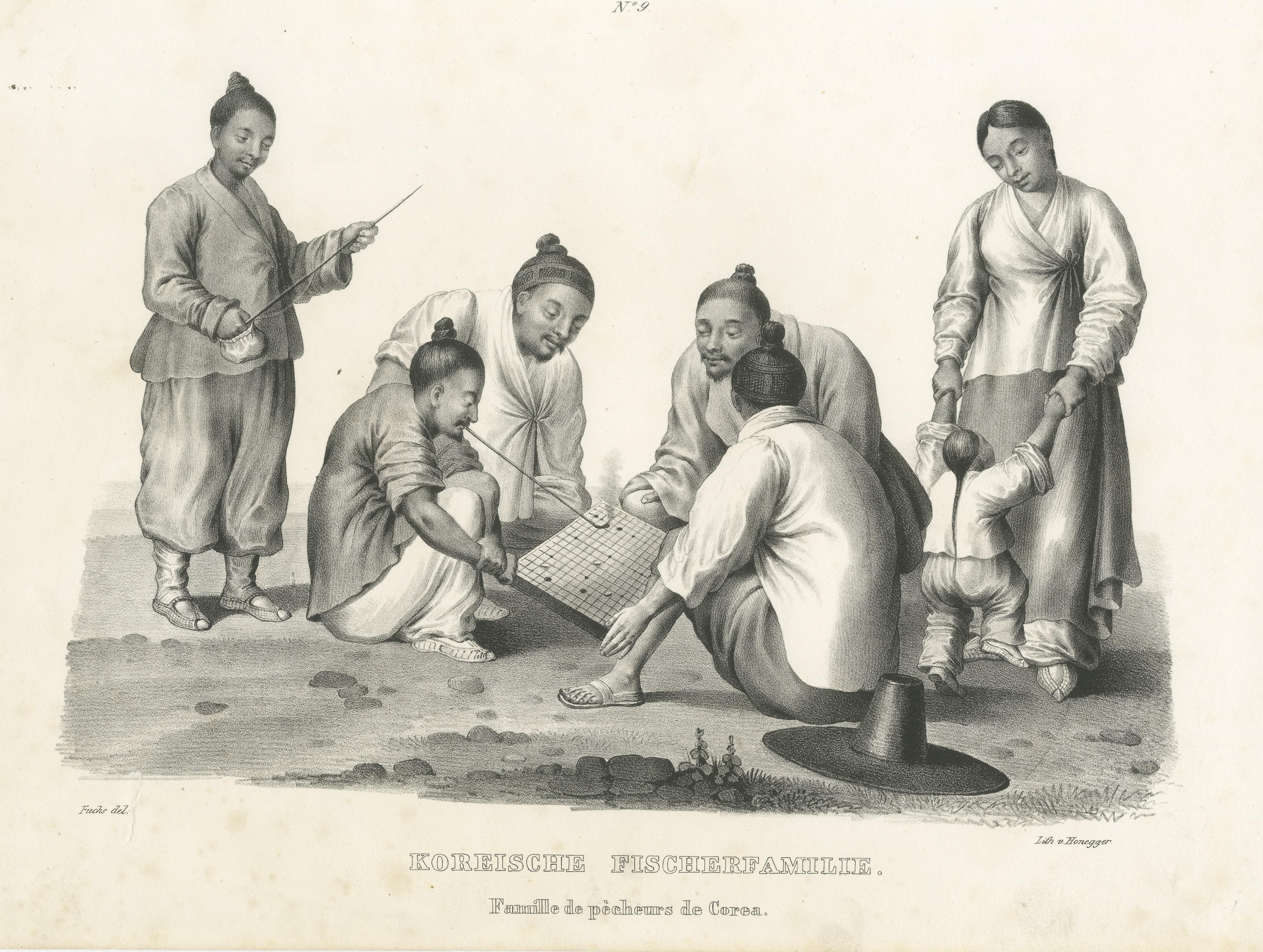 Antique Steel Engraved Print Showing a Family of Fishermen from Korea  In Fair Condition For Sale In Langweer, NL