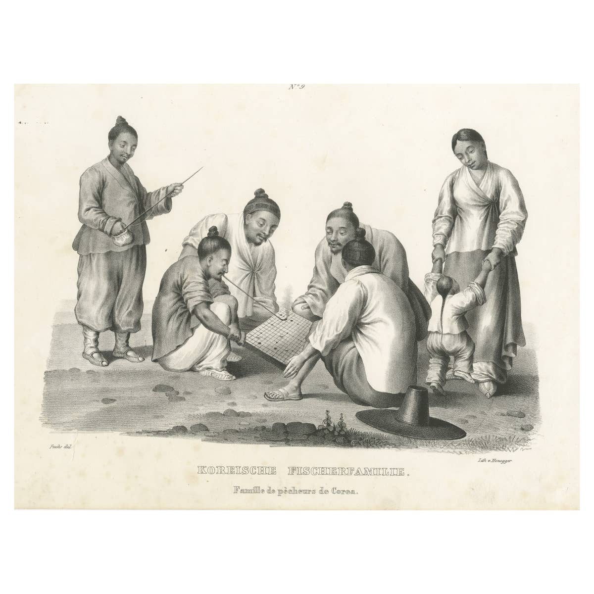 Antique Steel Engraved Print Showing a Family of Fishermen from Korea