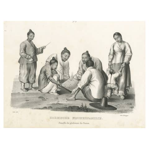 Antique Steel Engraved Print Showing a Family of Fishermen from Korea