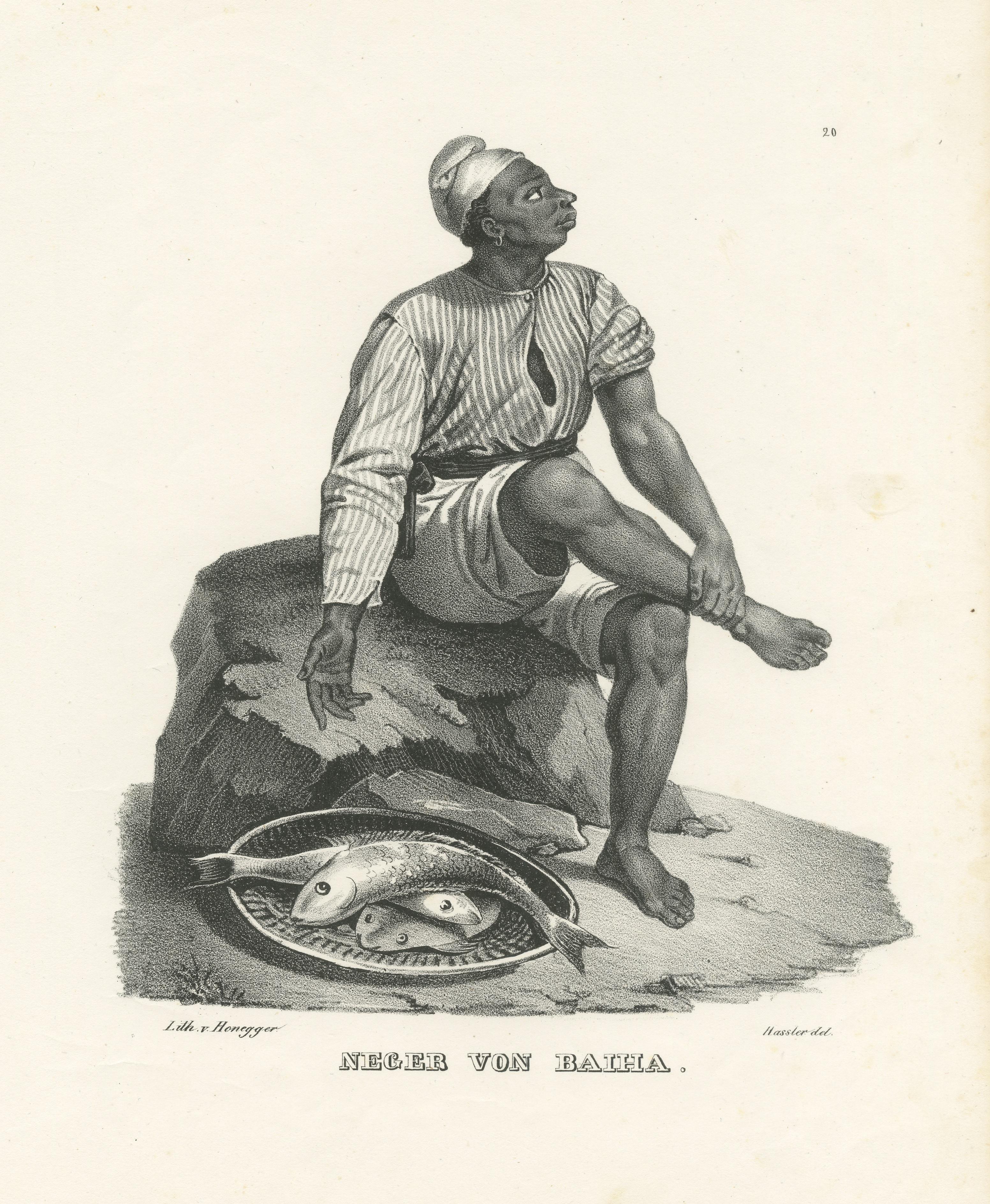 Antique Steel Engraved Print showing a Native of Bahia, Brazil In Good Condition For Sale In Langweer, NL