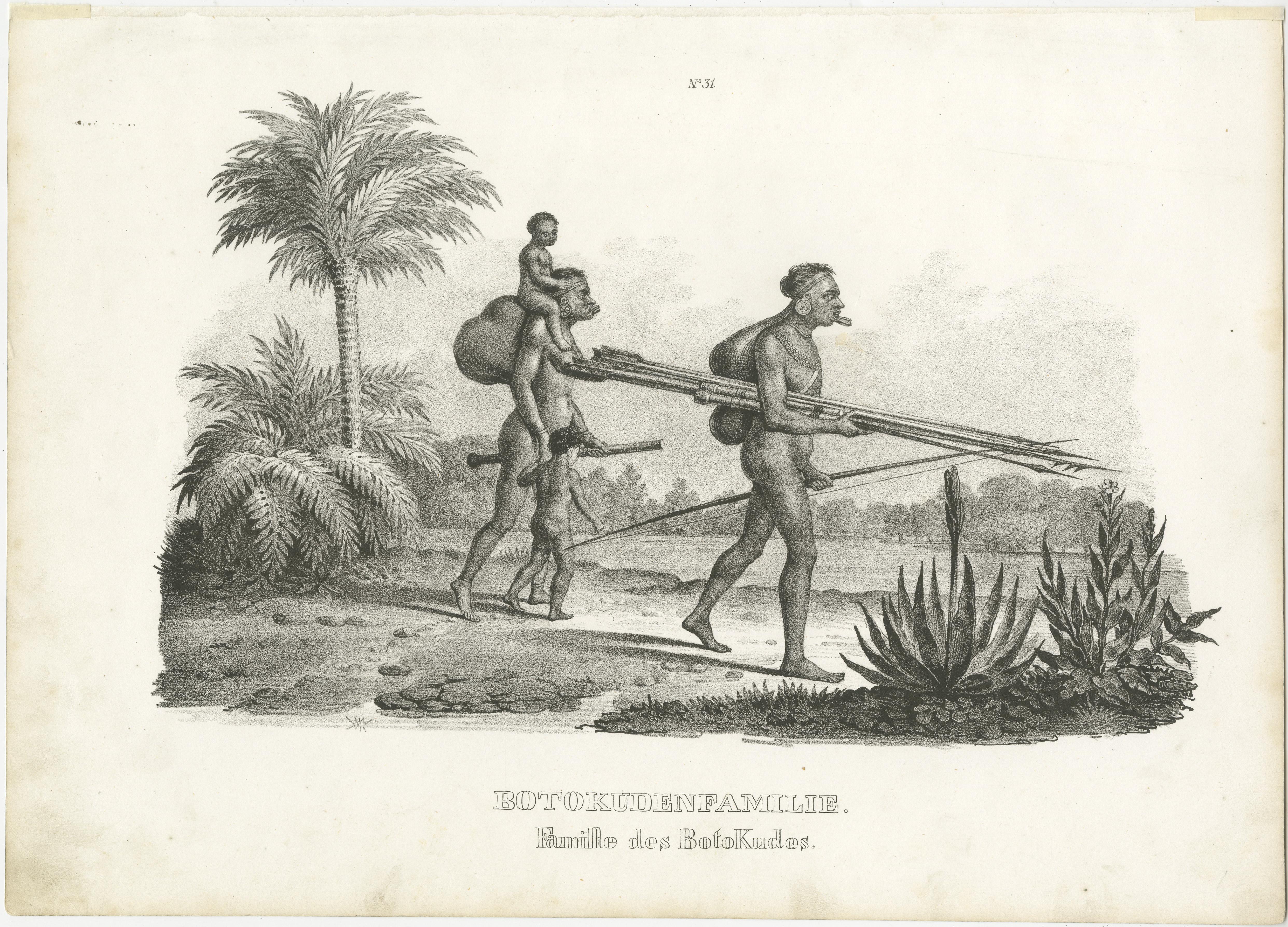 Antique print titled 'Botokudenfamilie. Famille des Botokudes'. Original antique steel engraving showing Botocudo, South American Indian people who lived in what is now the Brazilian state of Minas Gerais. Lithographed by Honegger. Published circa