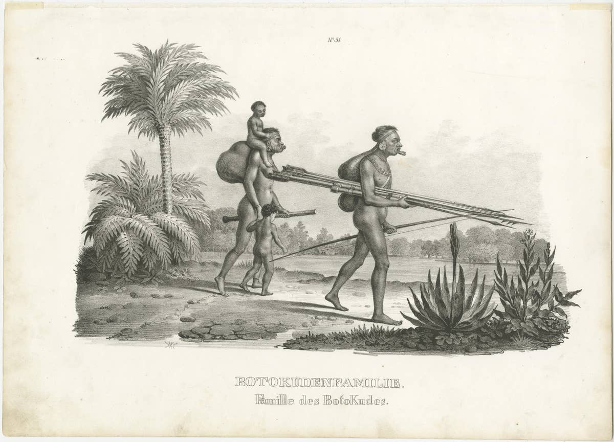 Antique Steel Engraved Print Showing Botocudo, South American Indian People