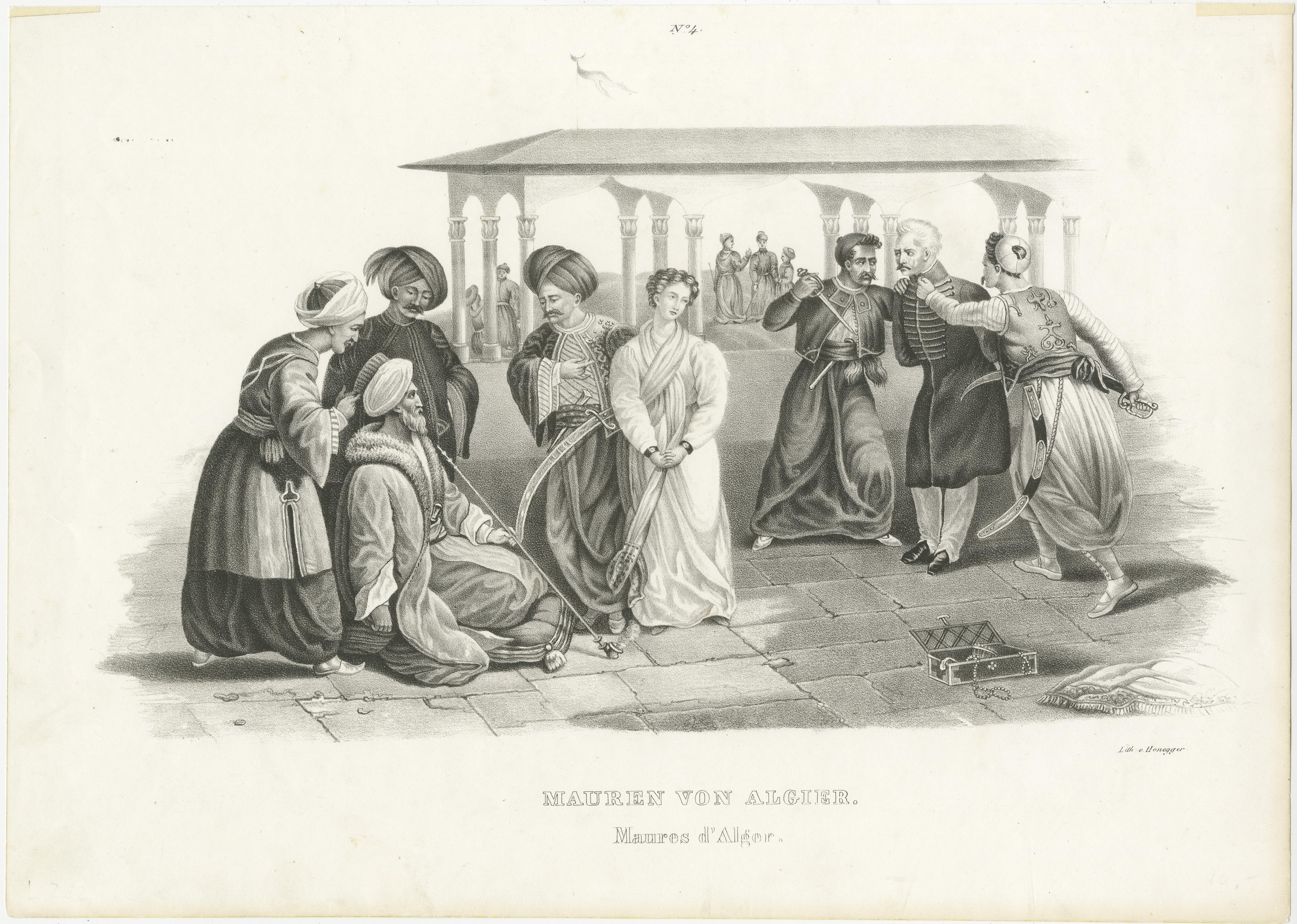 Antique print titled 'Mauren von Algier. Maures d'Alger'. Original antique steel engraving showing Moors from Algiers, Algeria. Lithographed by Honegger. Published circa 1845. Source unknown, to be determined.