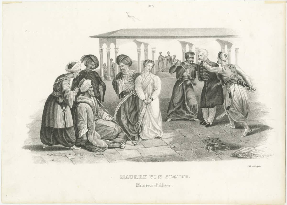 Antique Steel Engraved Print Showing Moors of Algiers, Algeria
