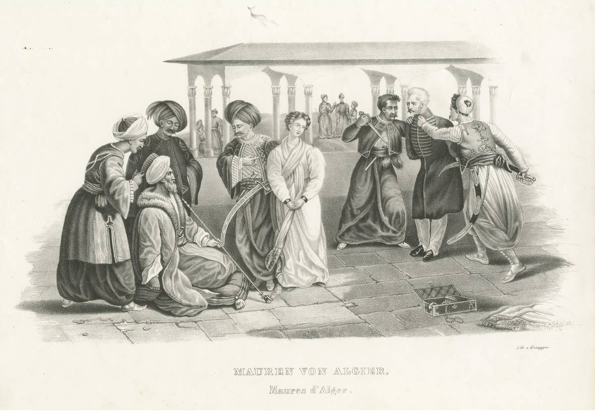 Antique Steel Engraved Print Showing Moors of Algiers, Algeria