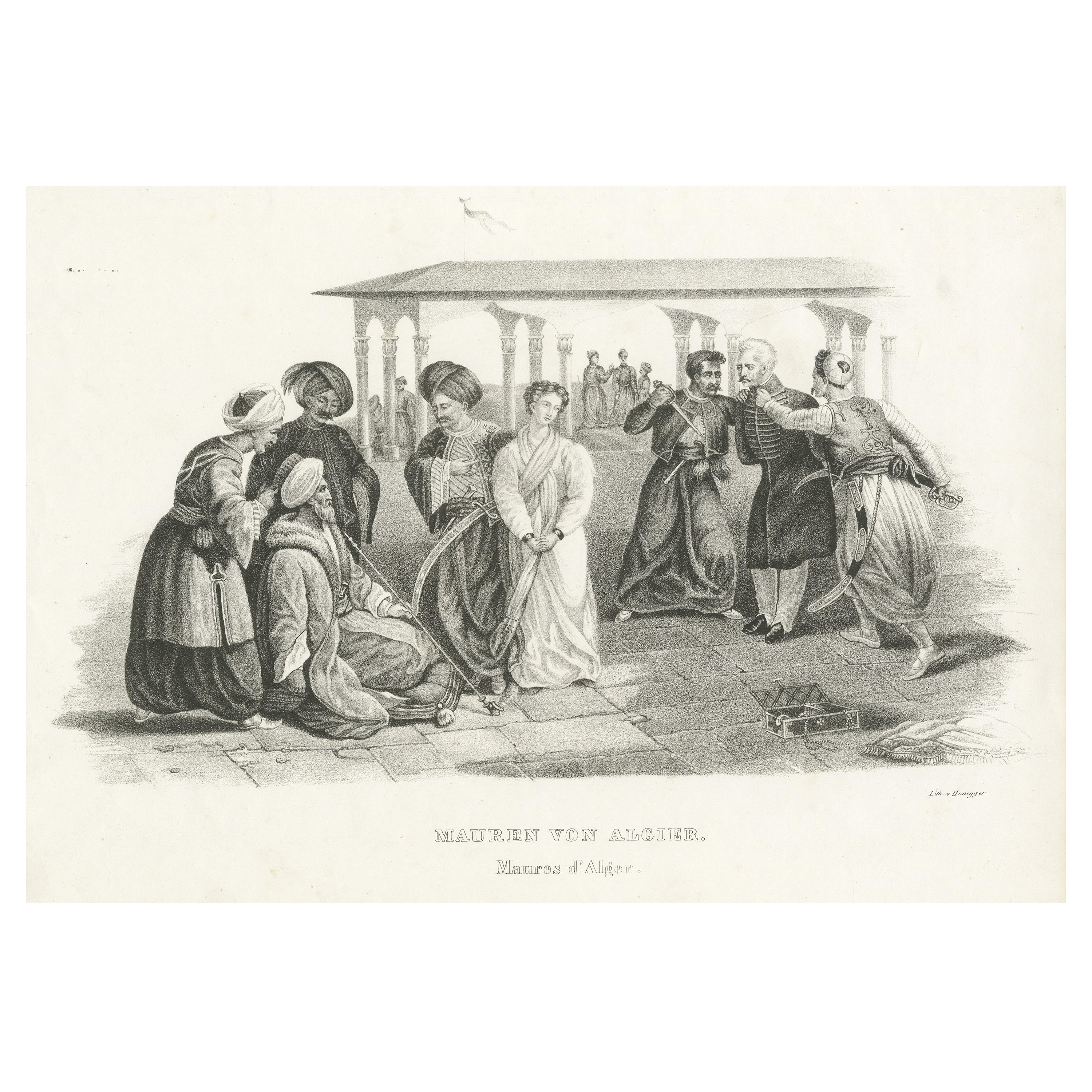 Antiker gravierter Stahldruck mit Moormotiven aus Algier, Algerien