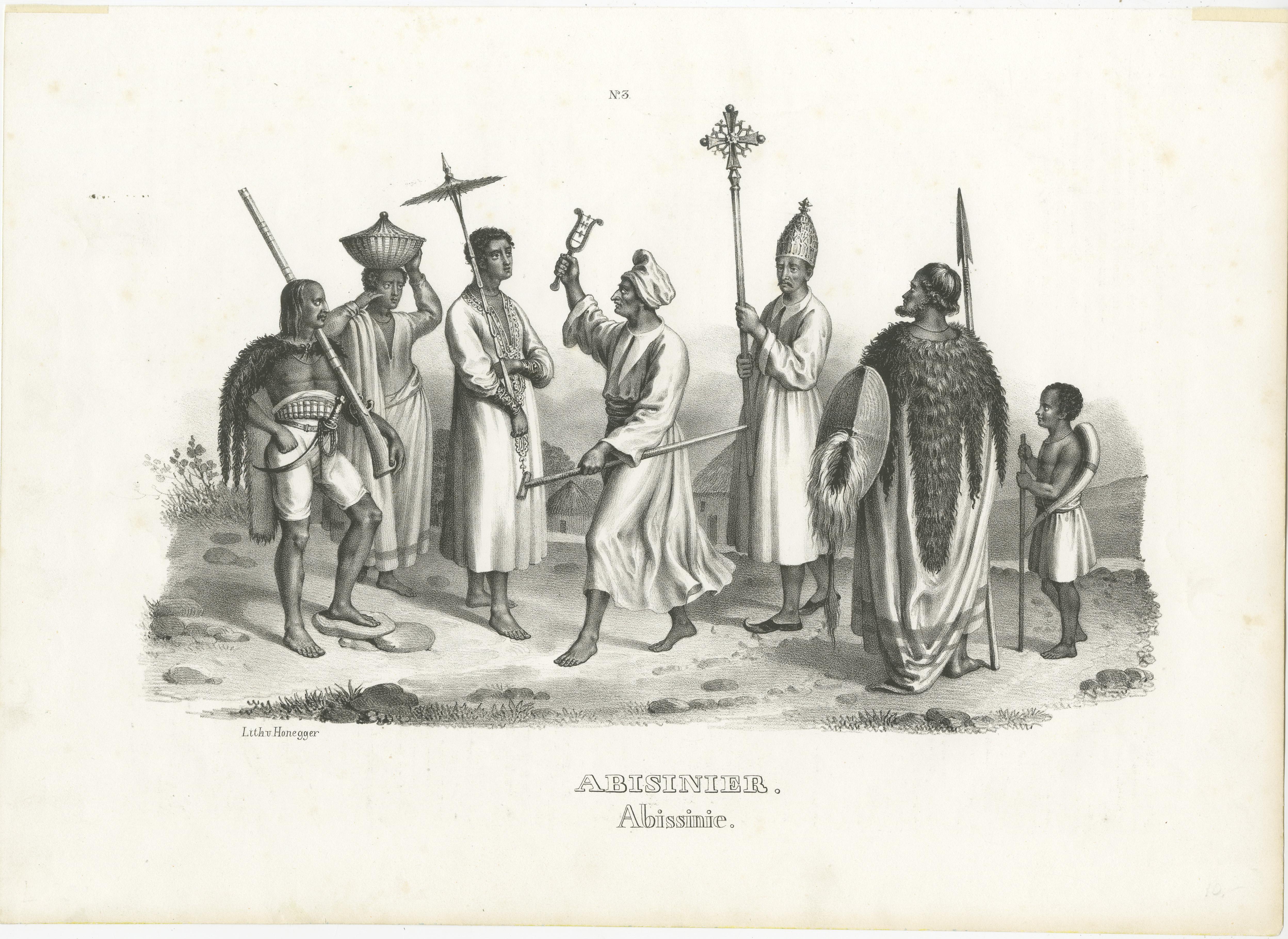 Antique print titled 'Abisinier. Abissinie'. Original antique steel engraving showing natives of Abyssinia, Ethiopia. Lithographed by Honegger. Published circa 1845. Source unknown, to be determined.