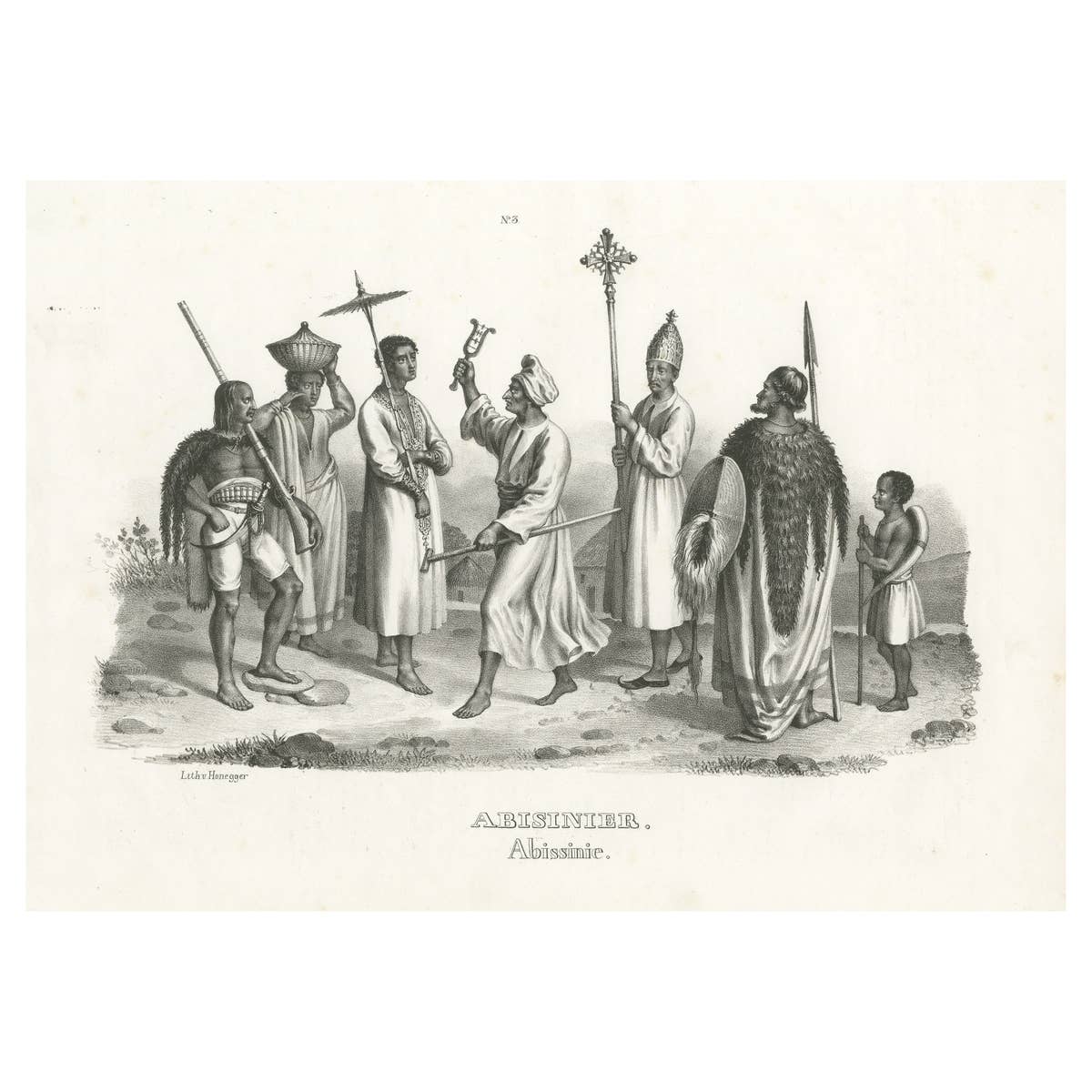 Antique Steel Engraved Print Showing Natives of Abyssinia, Ethiopia