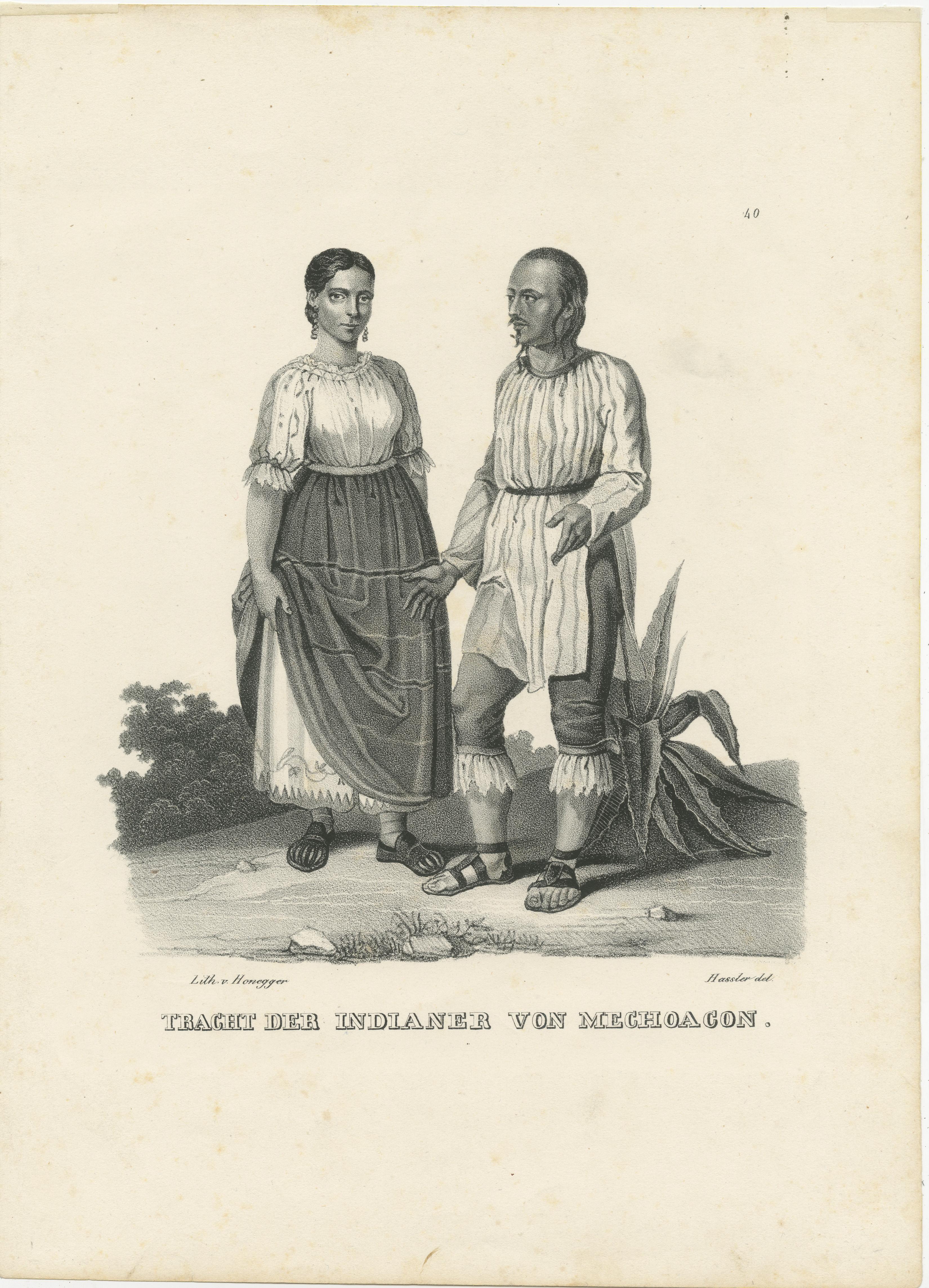 Antique print titled 'Tracht der Indianer von Mechoacon' Original antique steel engraving showing the costumes of natives of Michoacan, Mexico. This print originates from 'Naturgeschichte und Abbildungen der Menschen und der Säugethiere' by H.R.