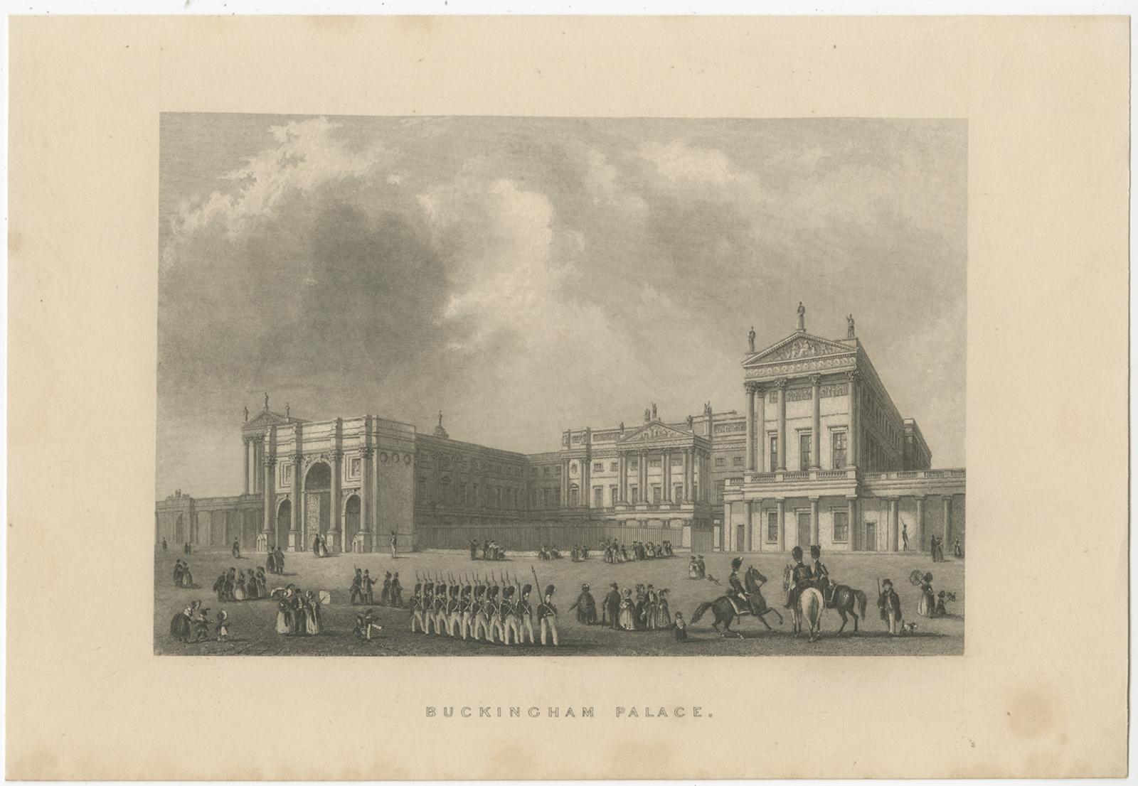 Description: Antique print titled 'Buckingham Palace'. 

Steel engraved view of Buckingham Palace. Source unknown, to be determined. 

Artists and Engravers: Anonymous.

Condition: Good, general age-related toning. Minor wear, blank verso.