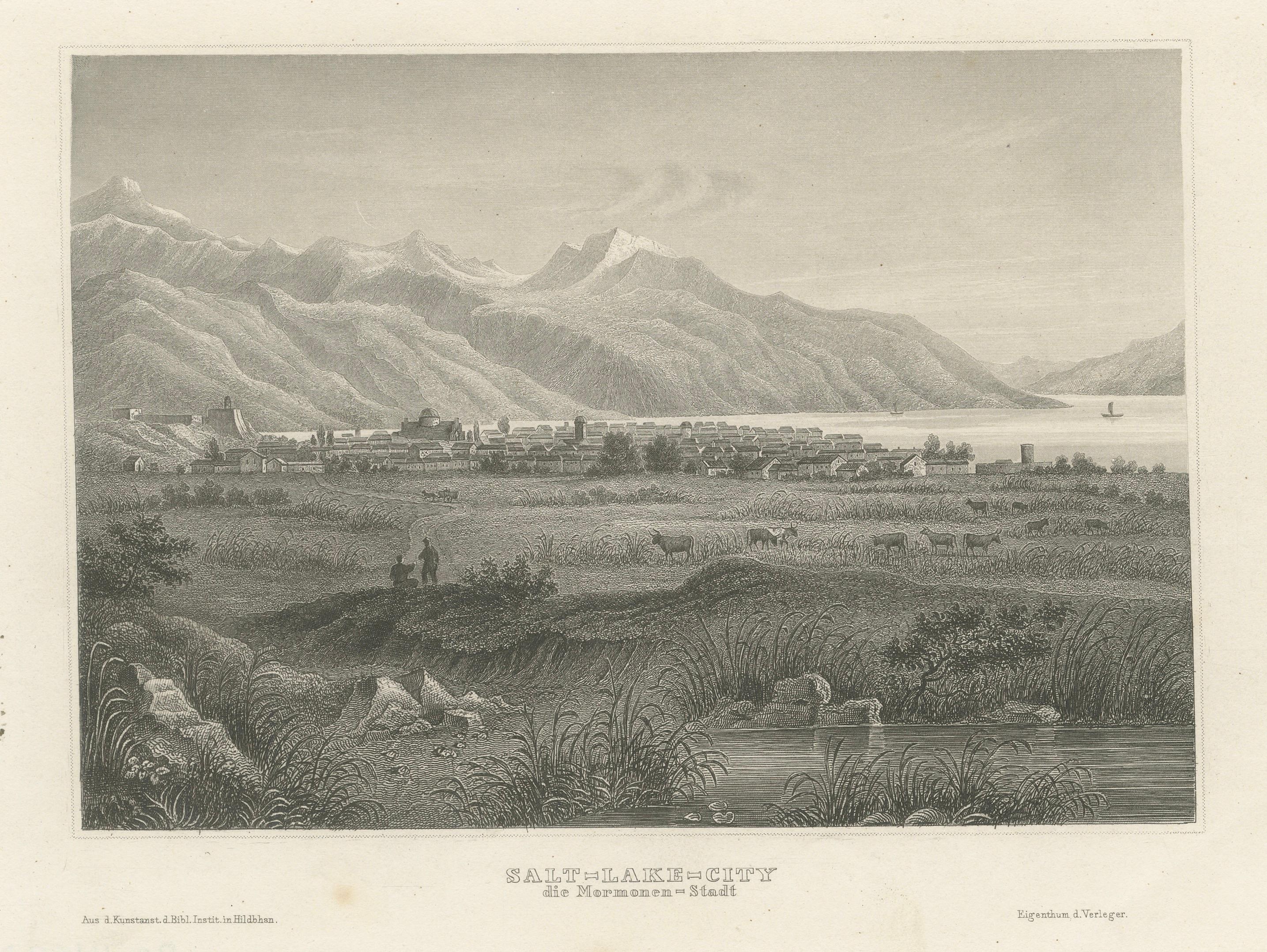 Antique Steel Engraving of Salt Lake City, Mormon Settlement, ca. 1850