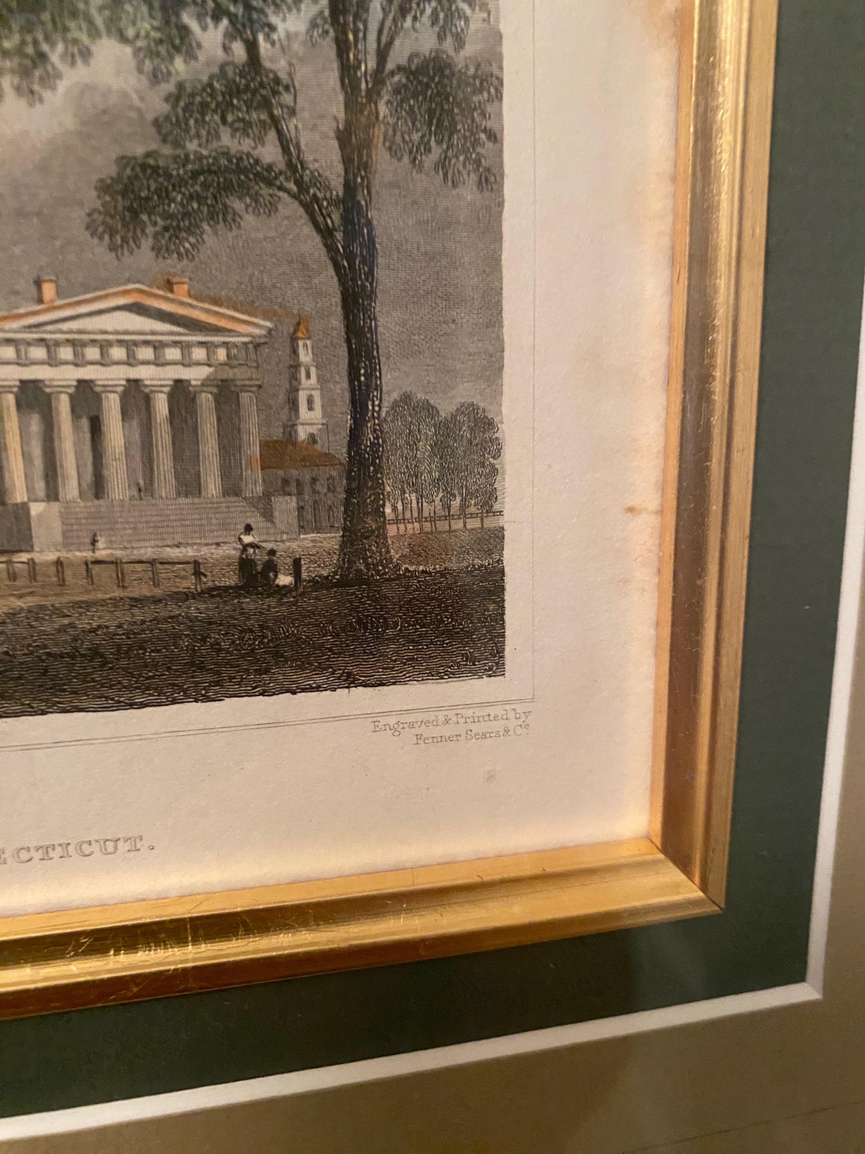 Americano Incisione antica in acciaio Yale College & State House Litografia 1830 in vendita