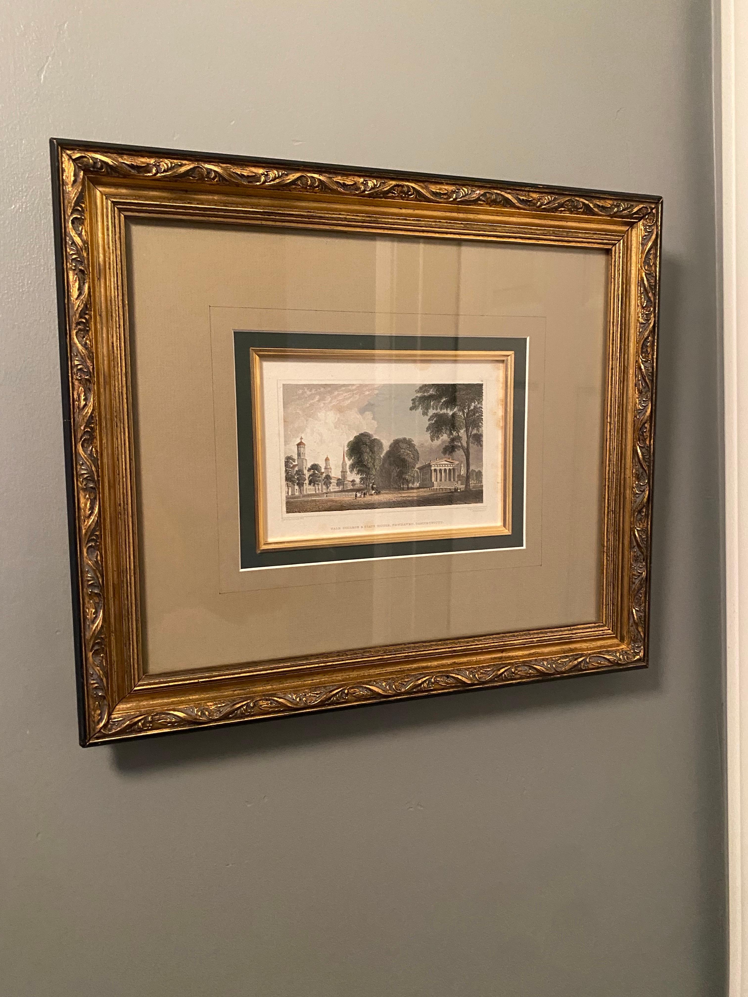 Metà XIX secolo Incisione antica in acciaio Yale College & State House Litografia 1830 in vendita