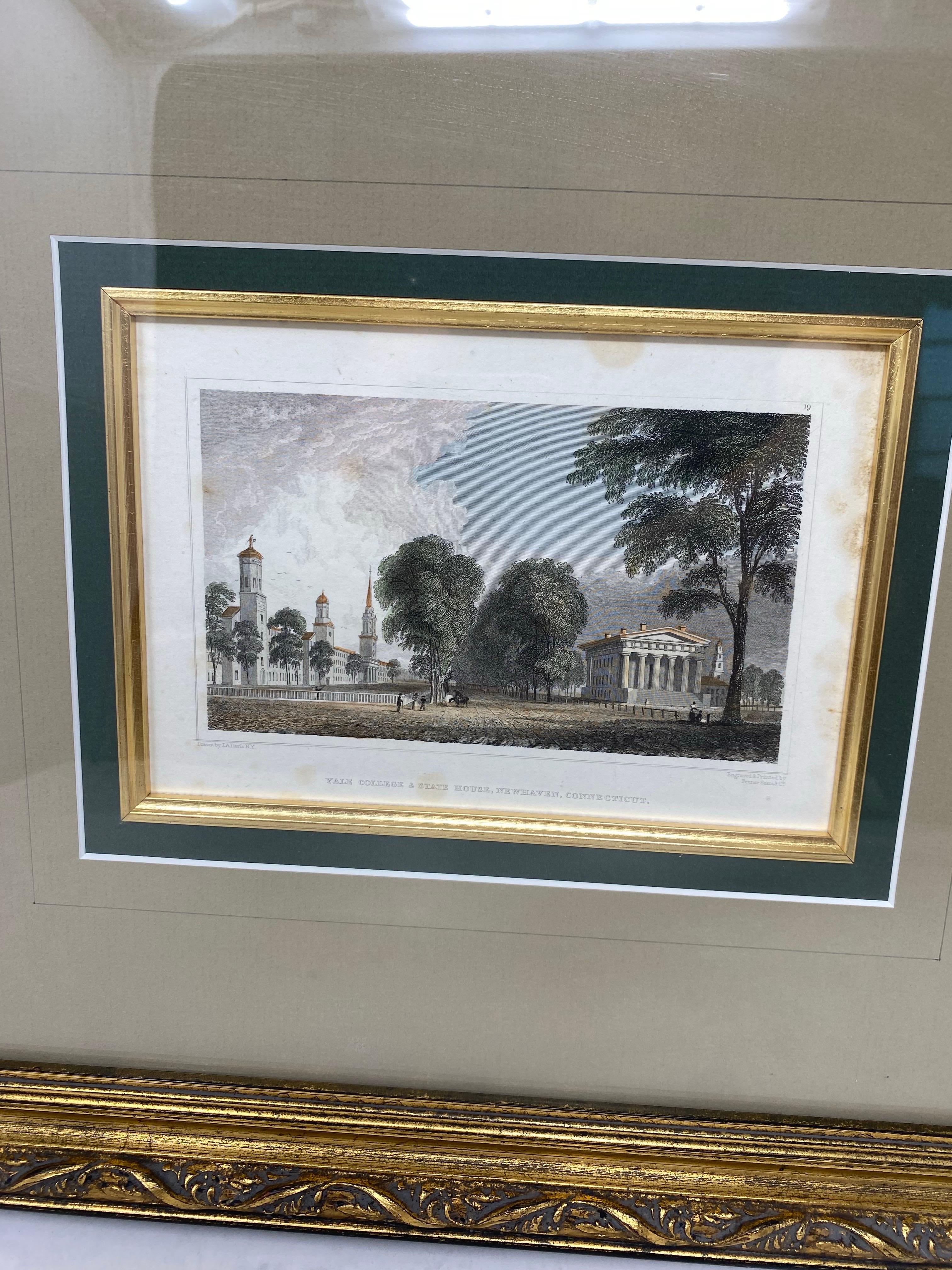 Legno Incisione antica in acciaio Yale College & State House Litografia 1830 in vendita