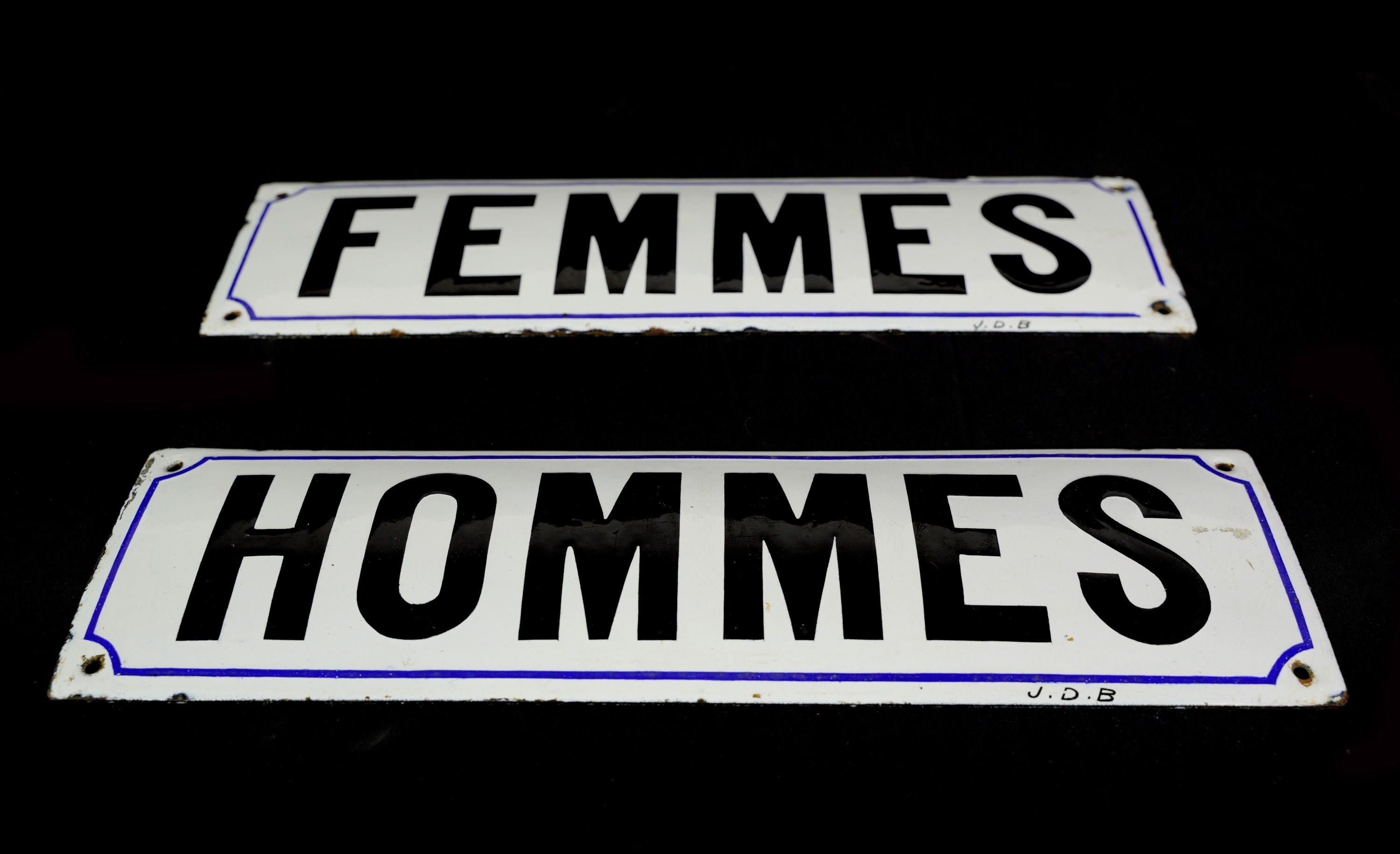 Antique Steel Hommes & Femmes Restroom Wall Signs For Sale 4