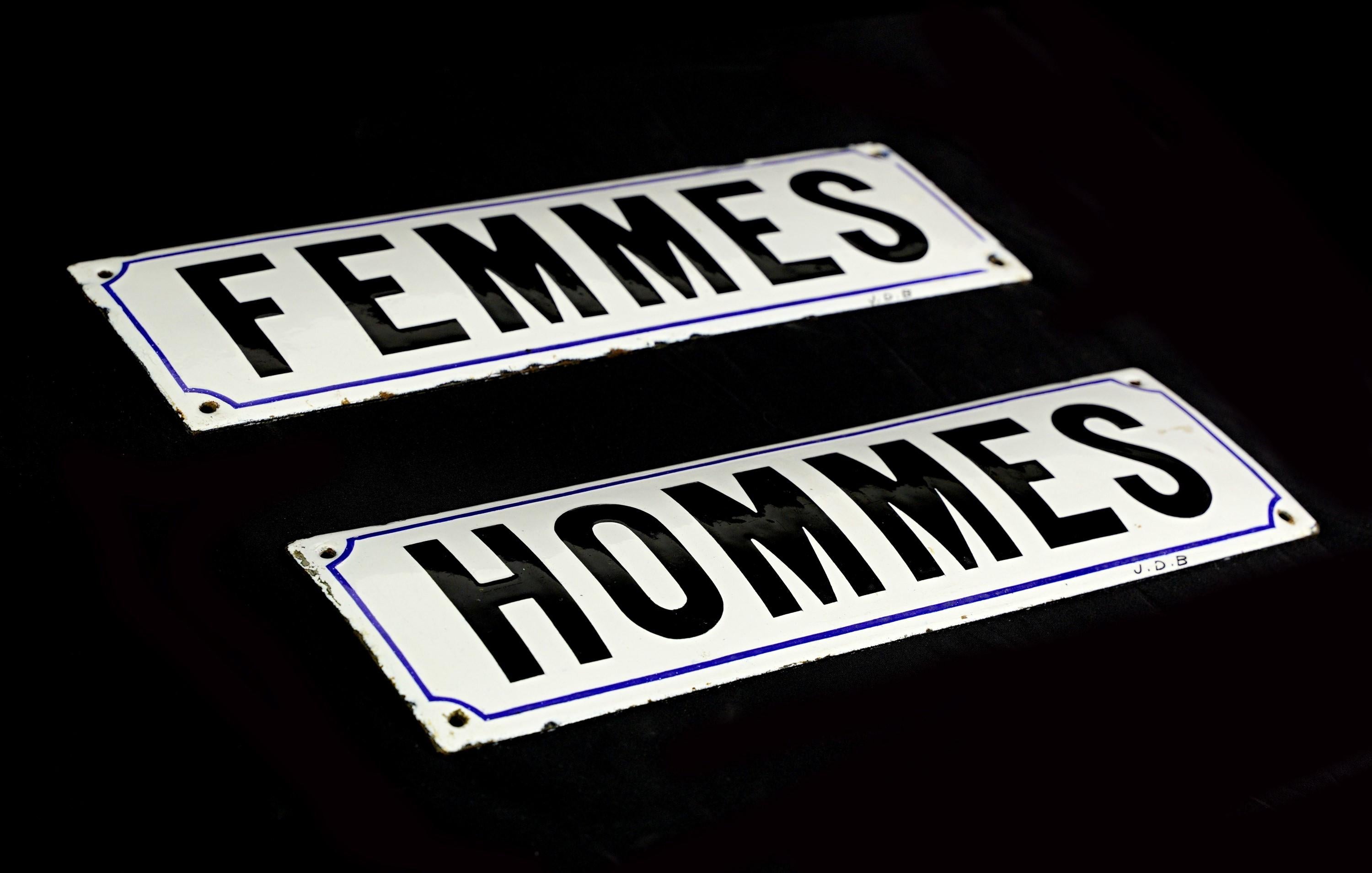 Antique Steel Hommes & Femmes Restroom Wall Signs For Sale 5