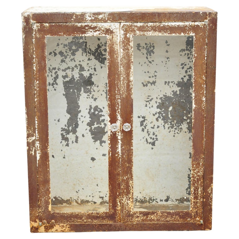 Antique Steel Metal Industrial Medical Dental Display Cabinet with Glass Doors For Sale