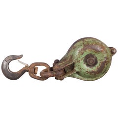 Antique Steel Pulley with Brass Plate, circa 1900-1930