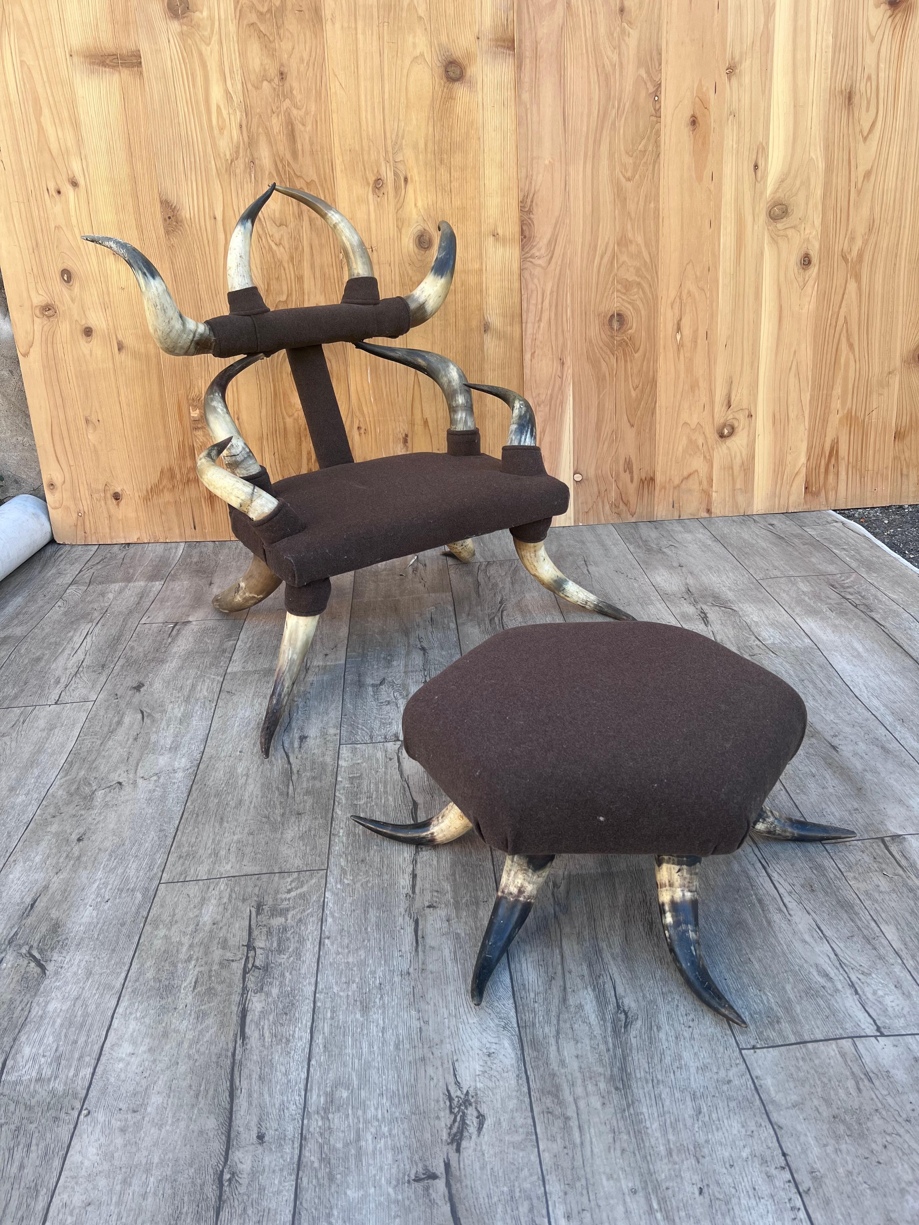 Antique Steer Horn Child's Chair with Ottoman in Original Upholstery - Set of 2
 
Unique and “One of a Kind” 19th Century Steer-Horn Child's Chair with matching ottoman. This chair and ottoman has its original upholstery. Crafted Rare Piece a