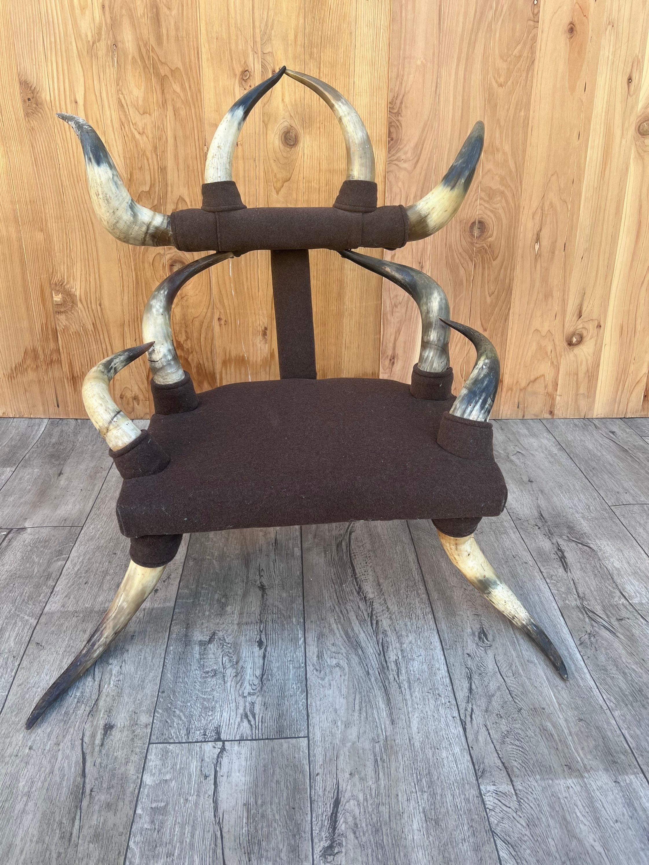 Hand-Carved Antique Steer Horn Child's Chair with Ottoman in Original Upholstery - Set of 2