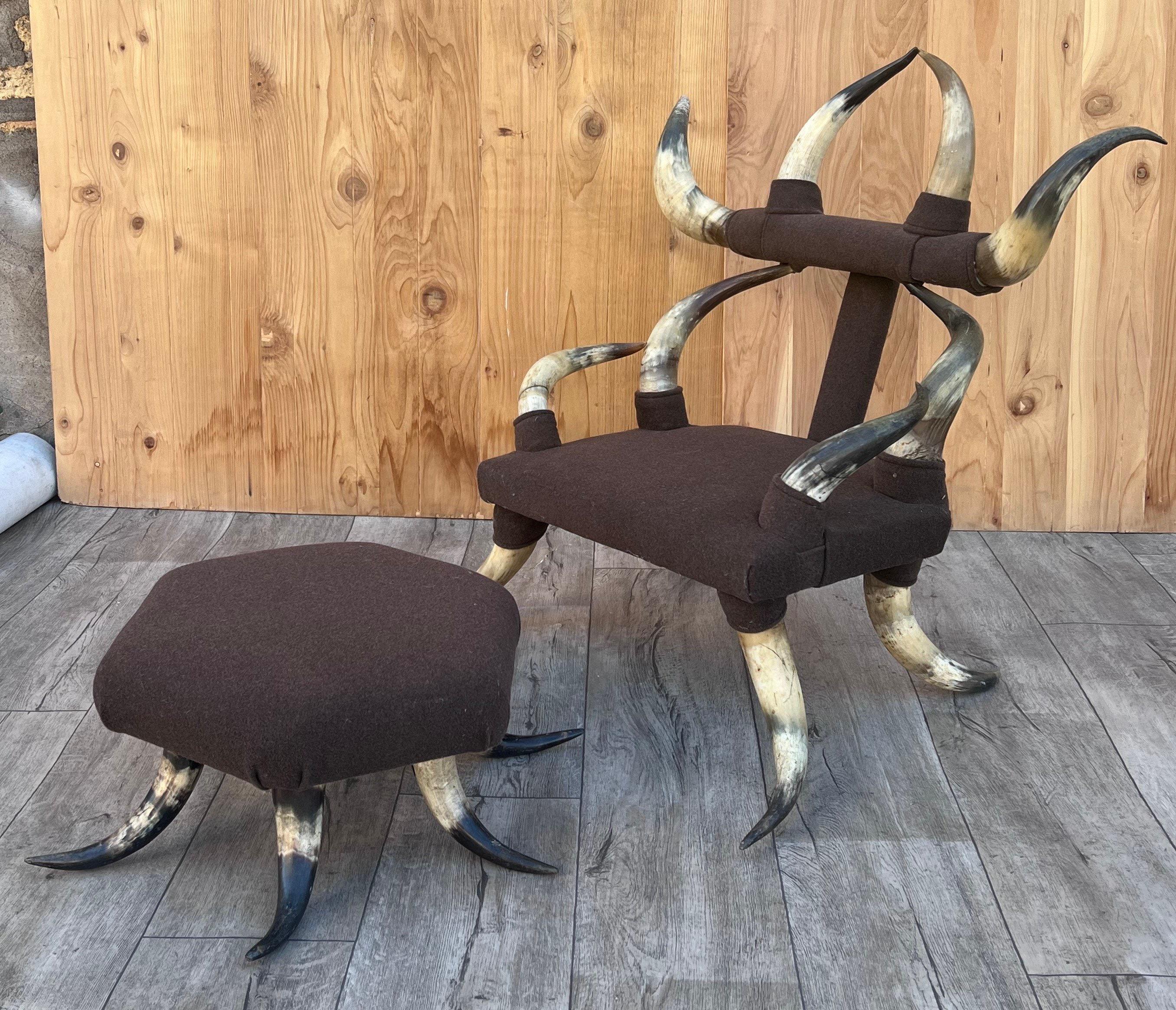 19th Century Antique Steer Horn Child's Chair with Ottoman in Original Upholstery - Set of 2