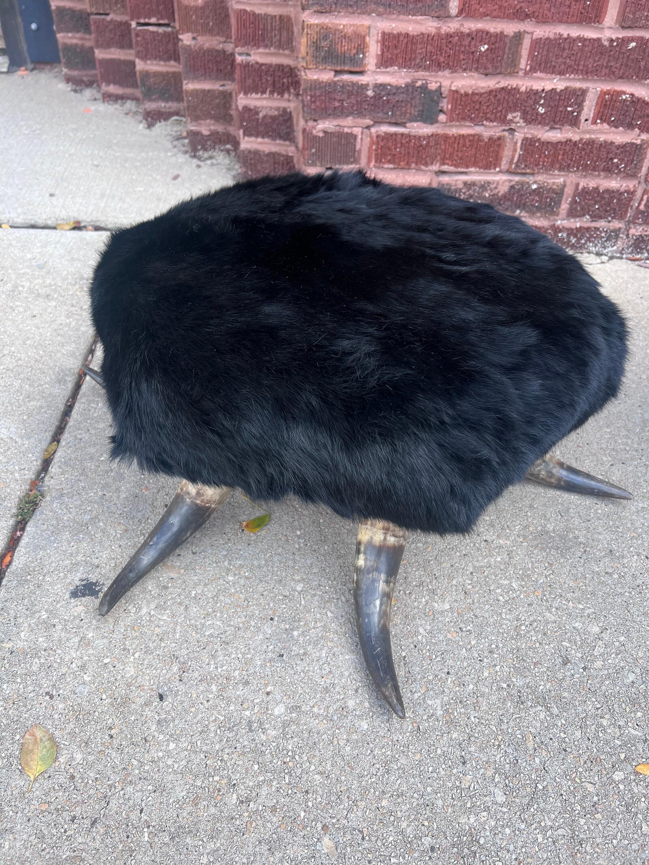 Rustic Antique Steer Horn Mini Child's Chair with Ottoman in Black Mink Fur - Set of 2