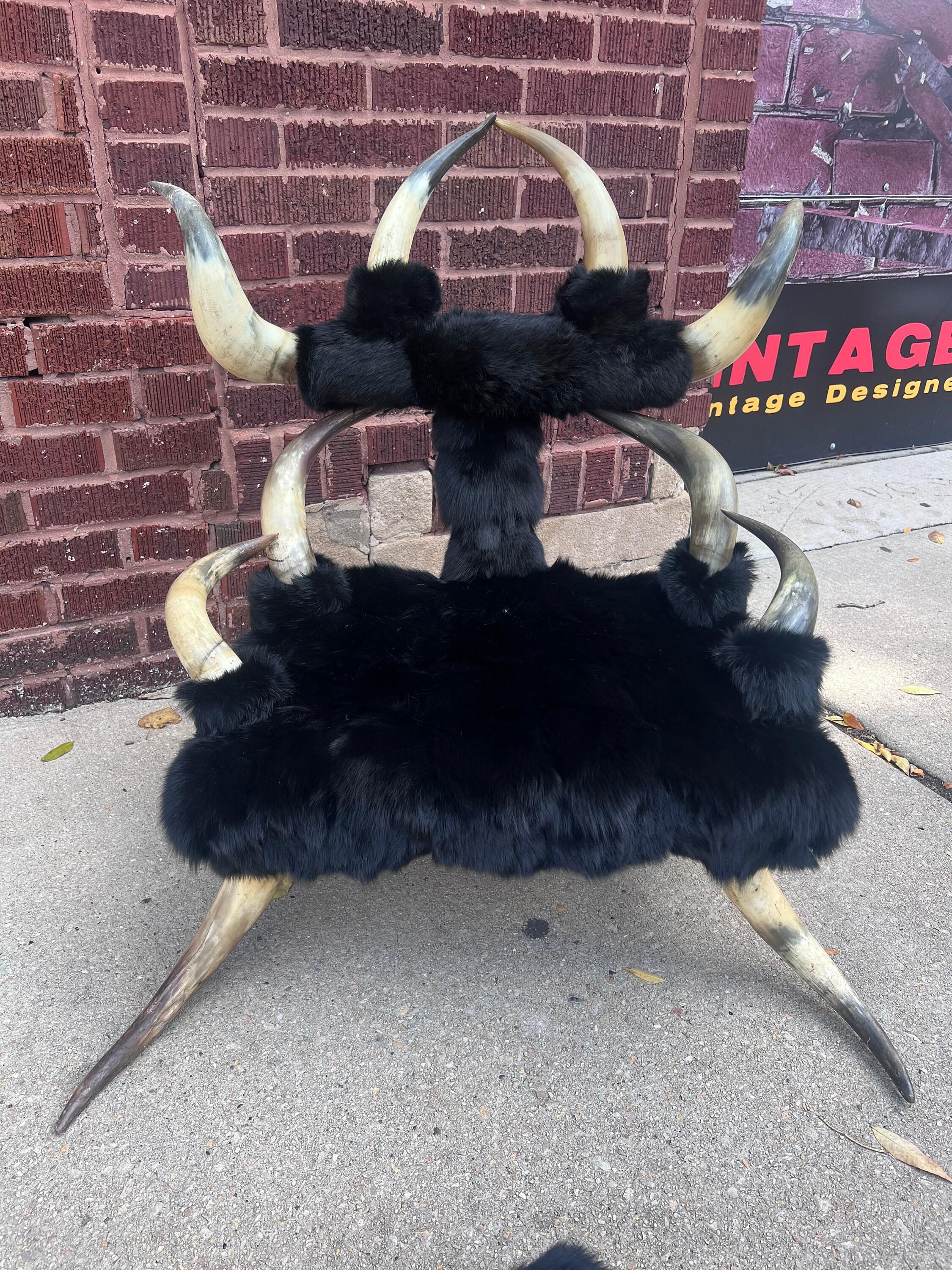 Hand-Carved Antique Steer Horn Mini Child's Chair with Ottoman in Black Mink Fur - Set of 2