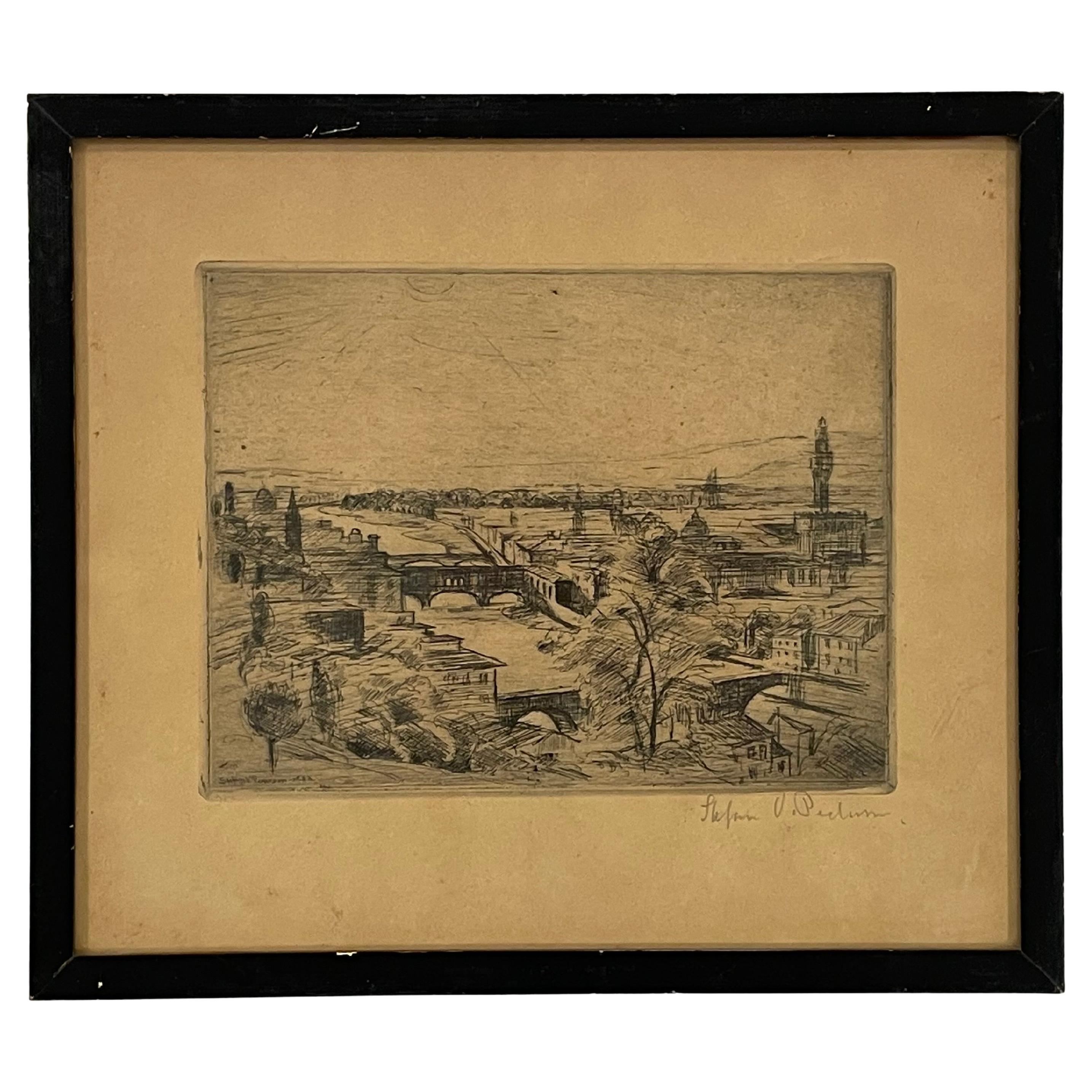 Antique Stefan Viggo Pedersen (1891-1965) etching of winding river through city