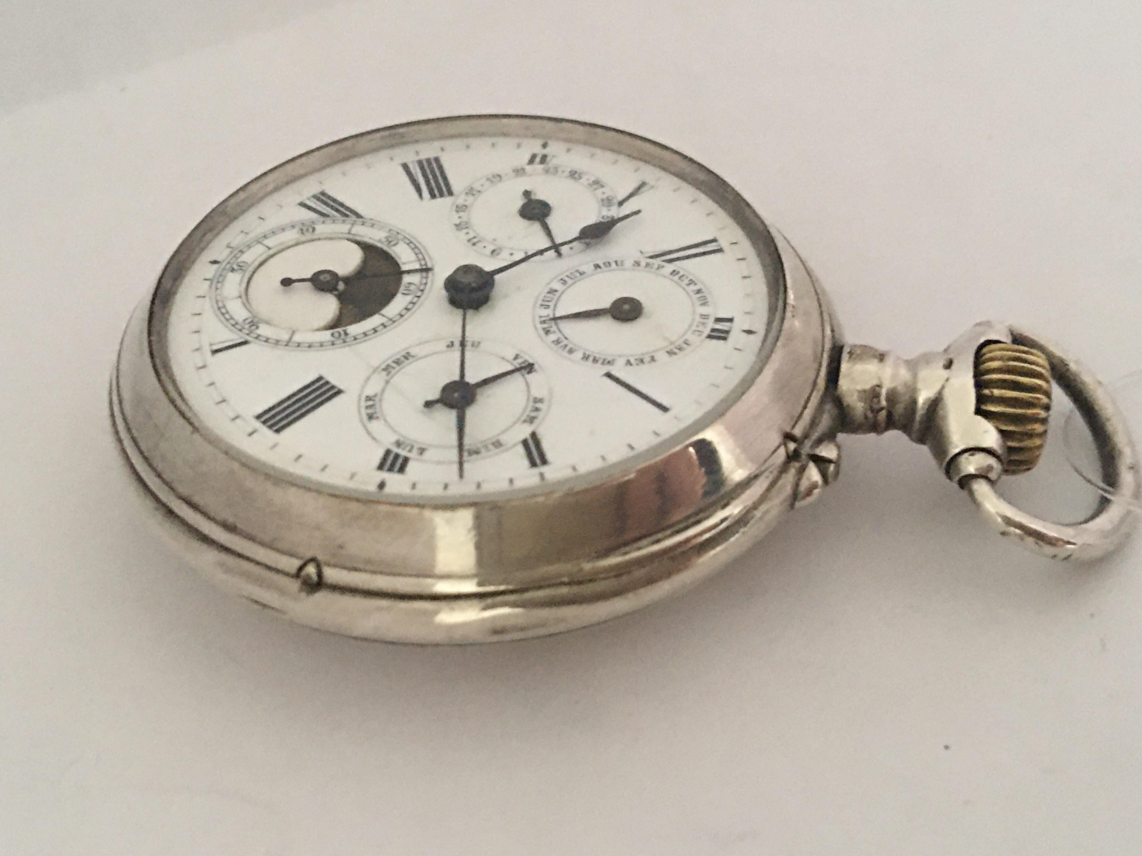 Antique Stem-Wind Silver Calendar Pocket Watch 7