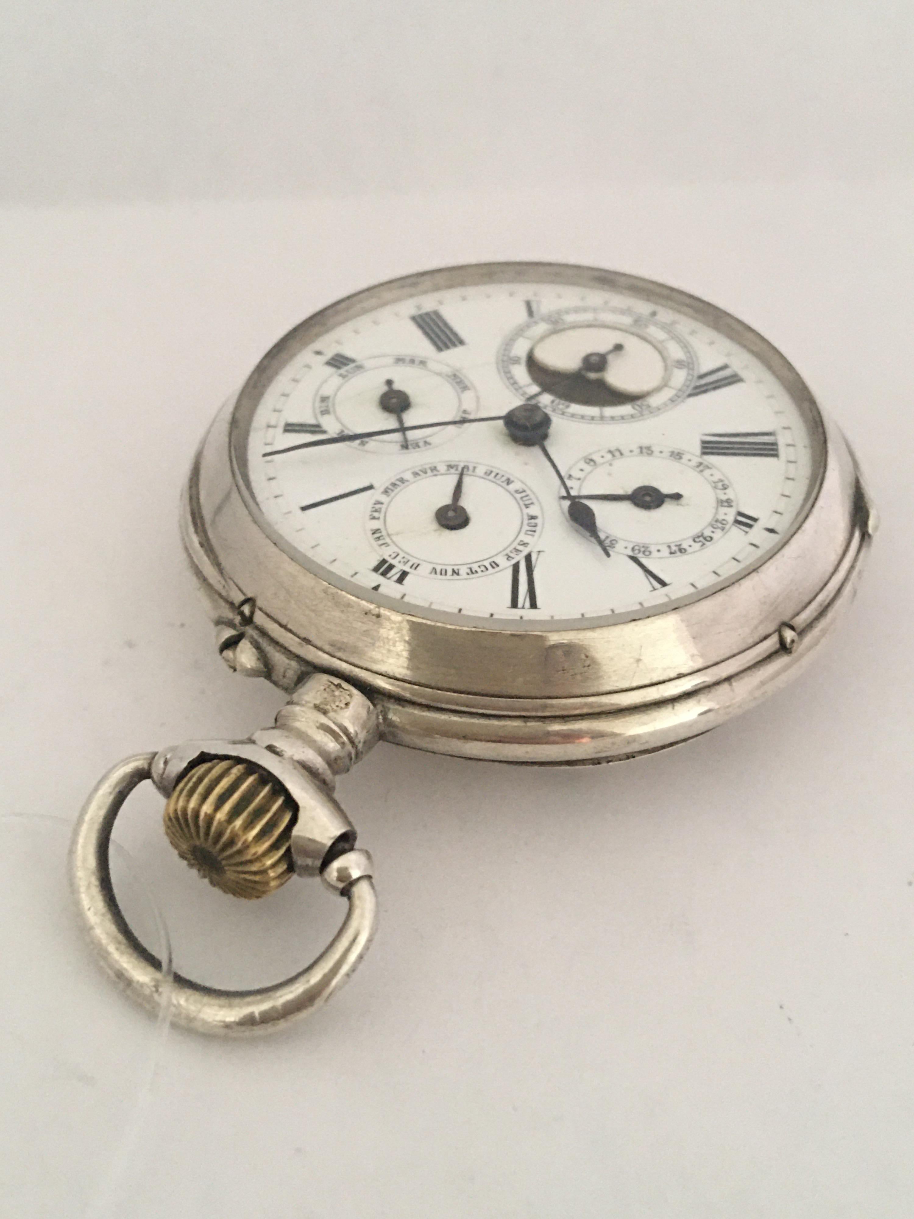 Antique Stem-Wind Silver Calendar Pocket Watch 9