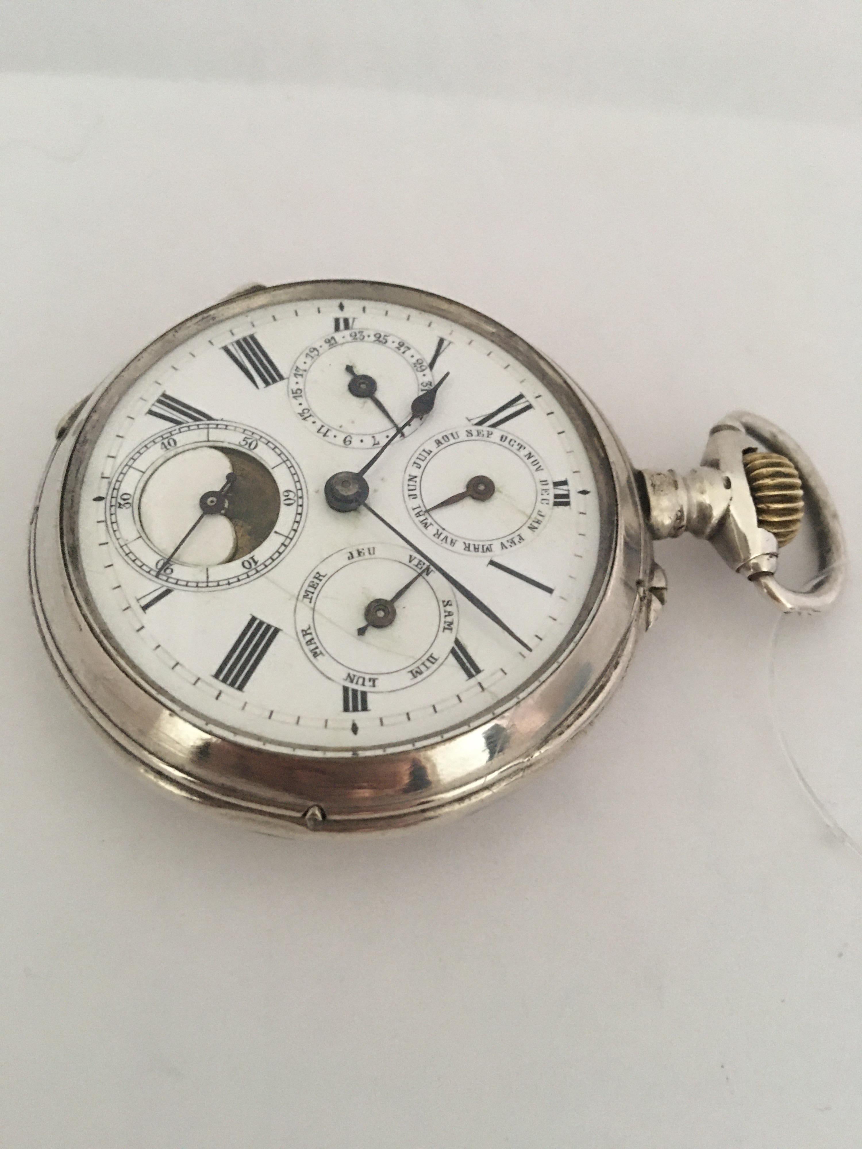 Antique Stem-Wind Silver Calendar Pocket Watch 10
