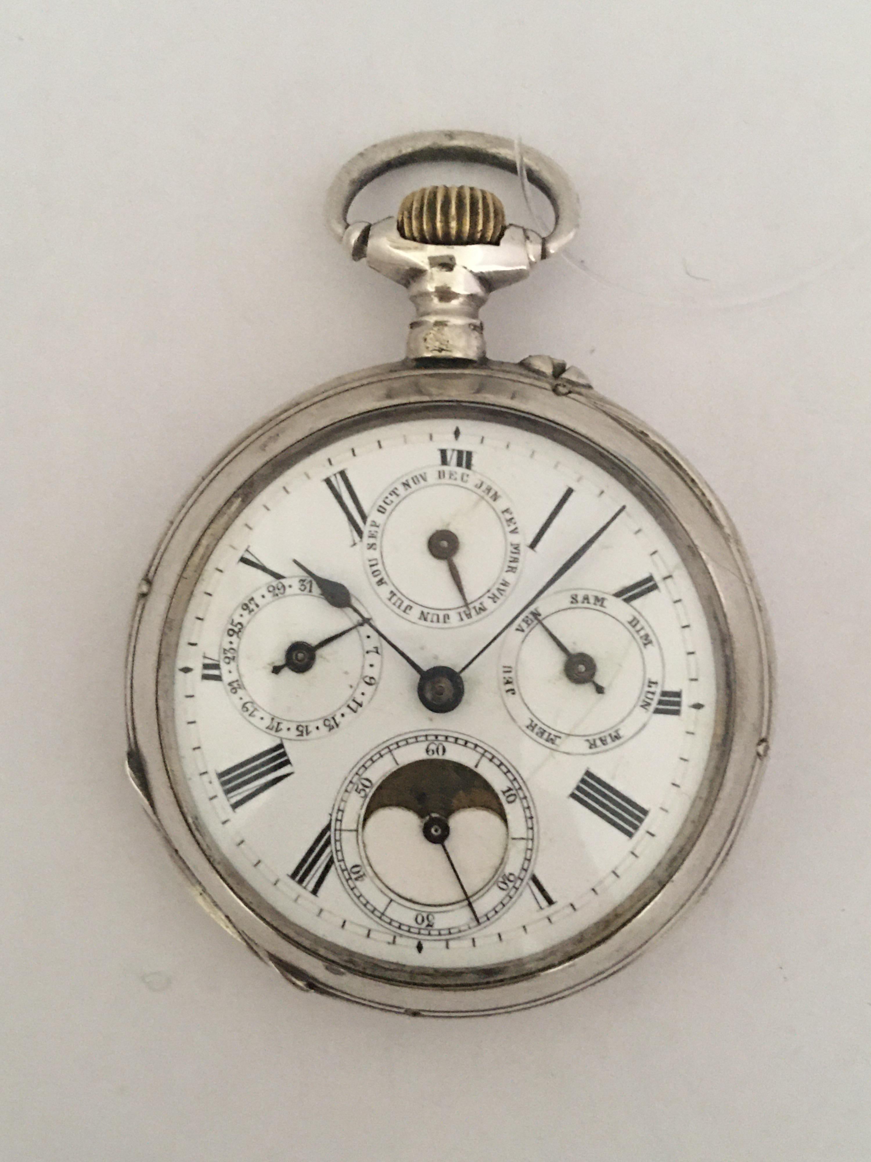 Antique Stem-Wind Silver Calendar Pocket Watch 11