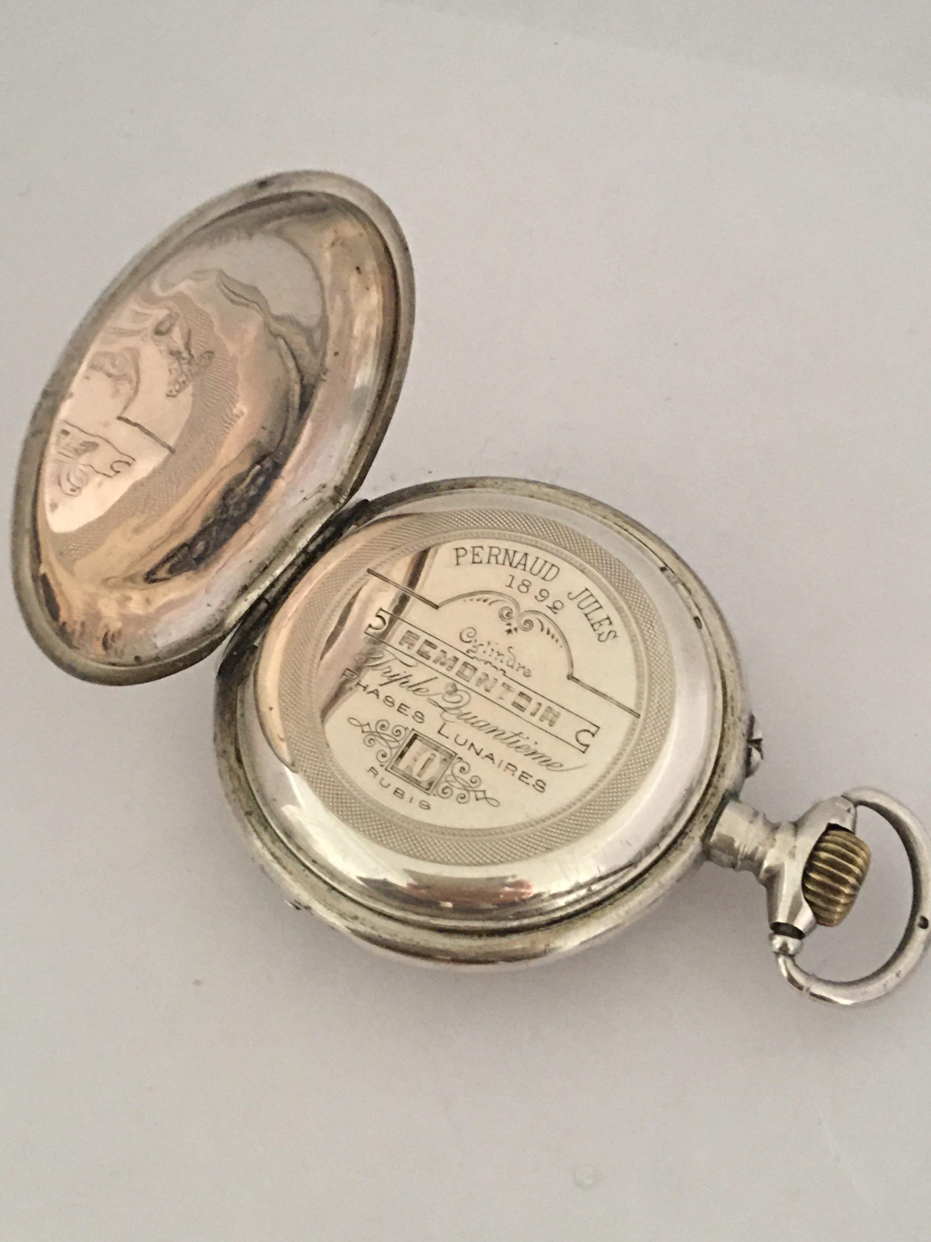 Women's or Men's Antique Stem-Wind Silver Calendar Pocket Watch