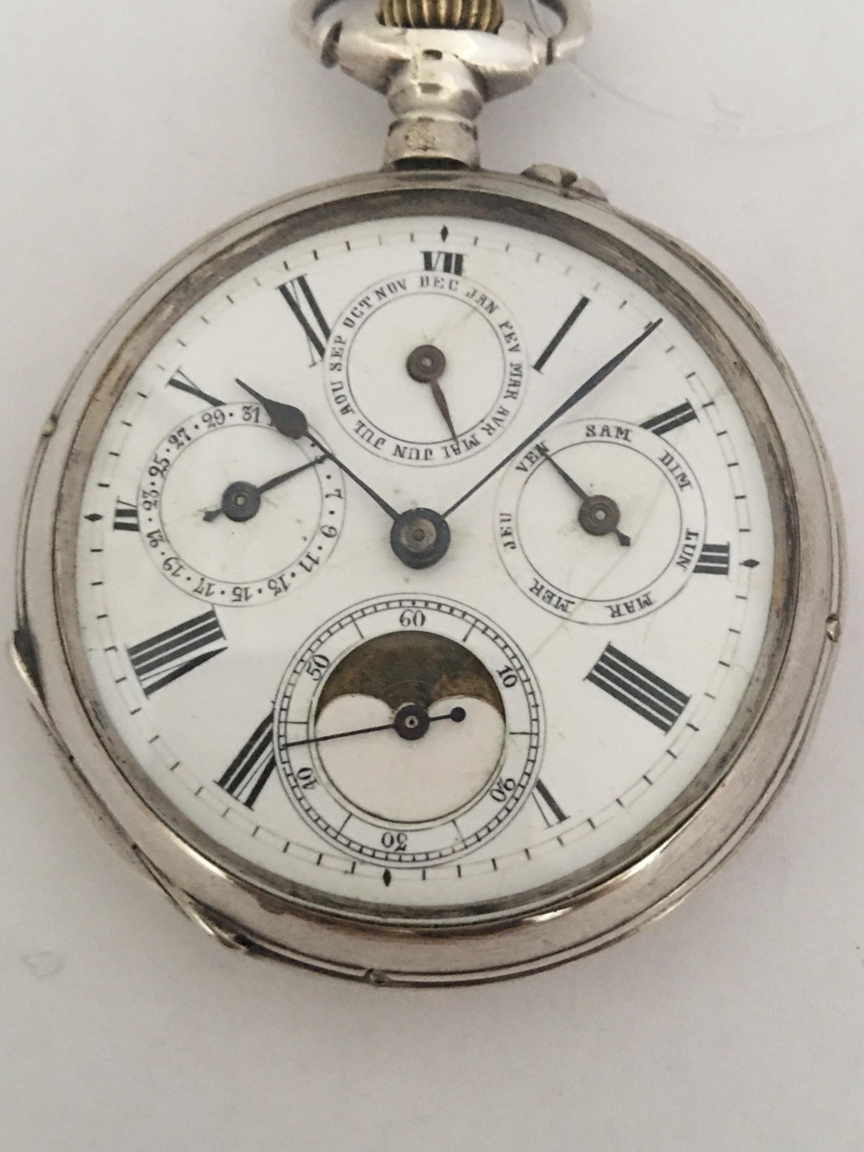 Antique Stem-Wind Silver Calendar Pocket Watch 5