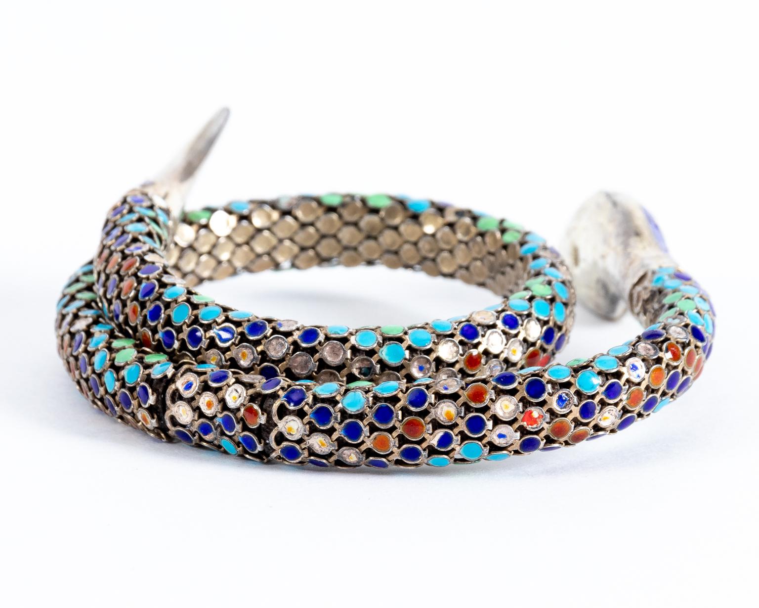 Antique Sterling and Enamel Art Deco Coil Snake Bracelet For Sale 3