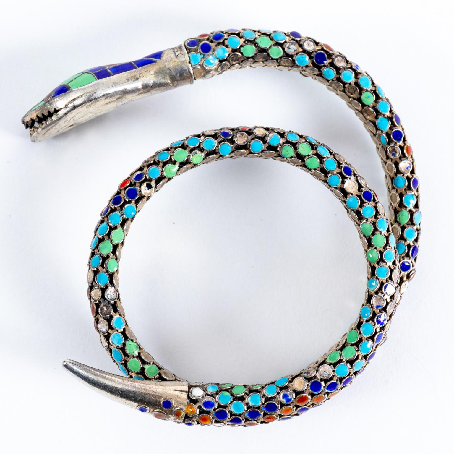 Antique Sterling and Enamel Art Deco Coil Snake Bracelet In Good Condition For Sale In St.amford, CT
